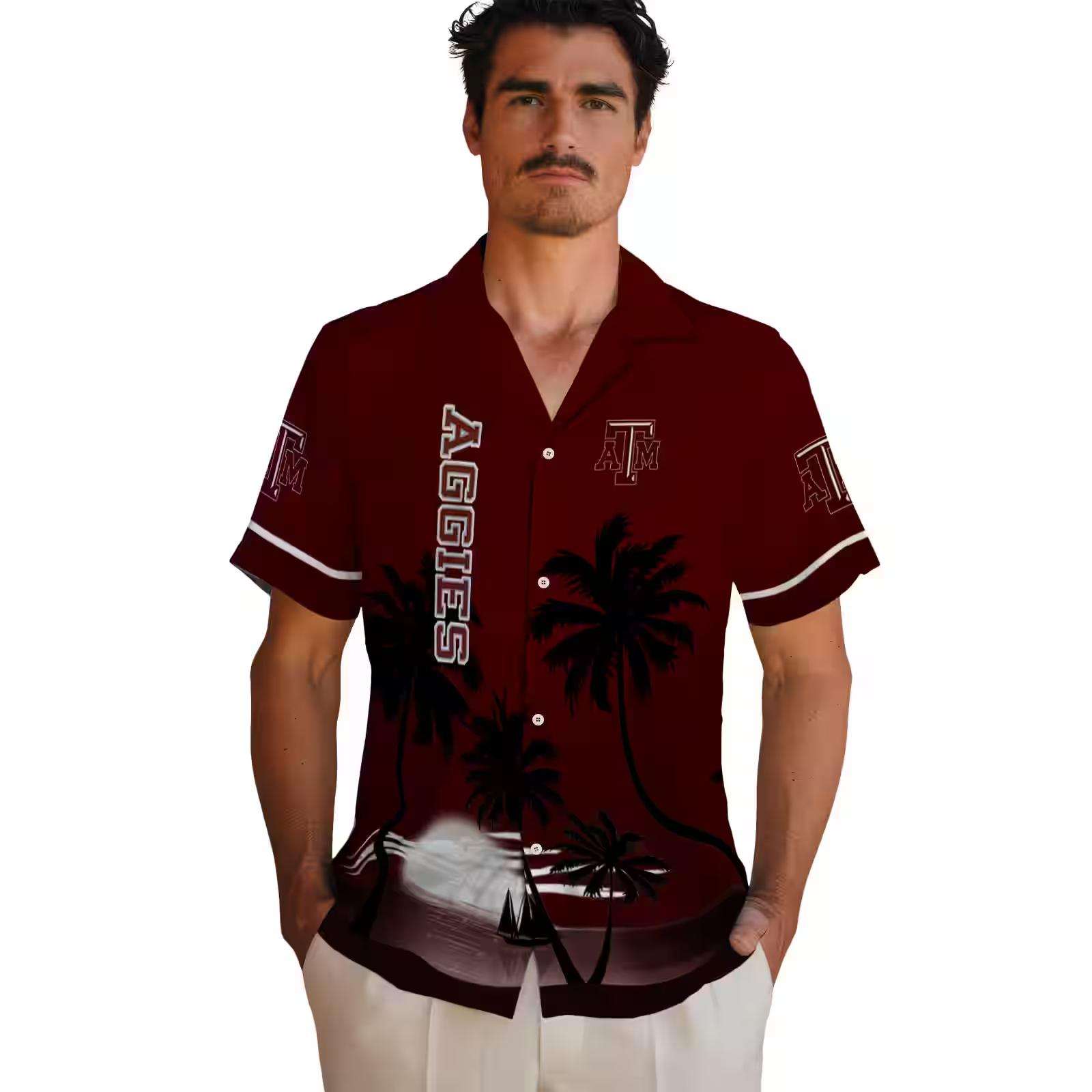 texas am aggies beach sunset maroon black hawaiian shirt fashion forward