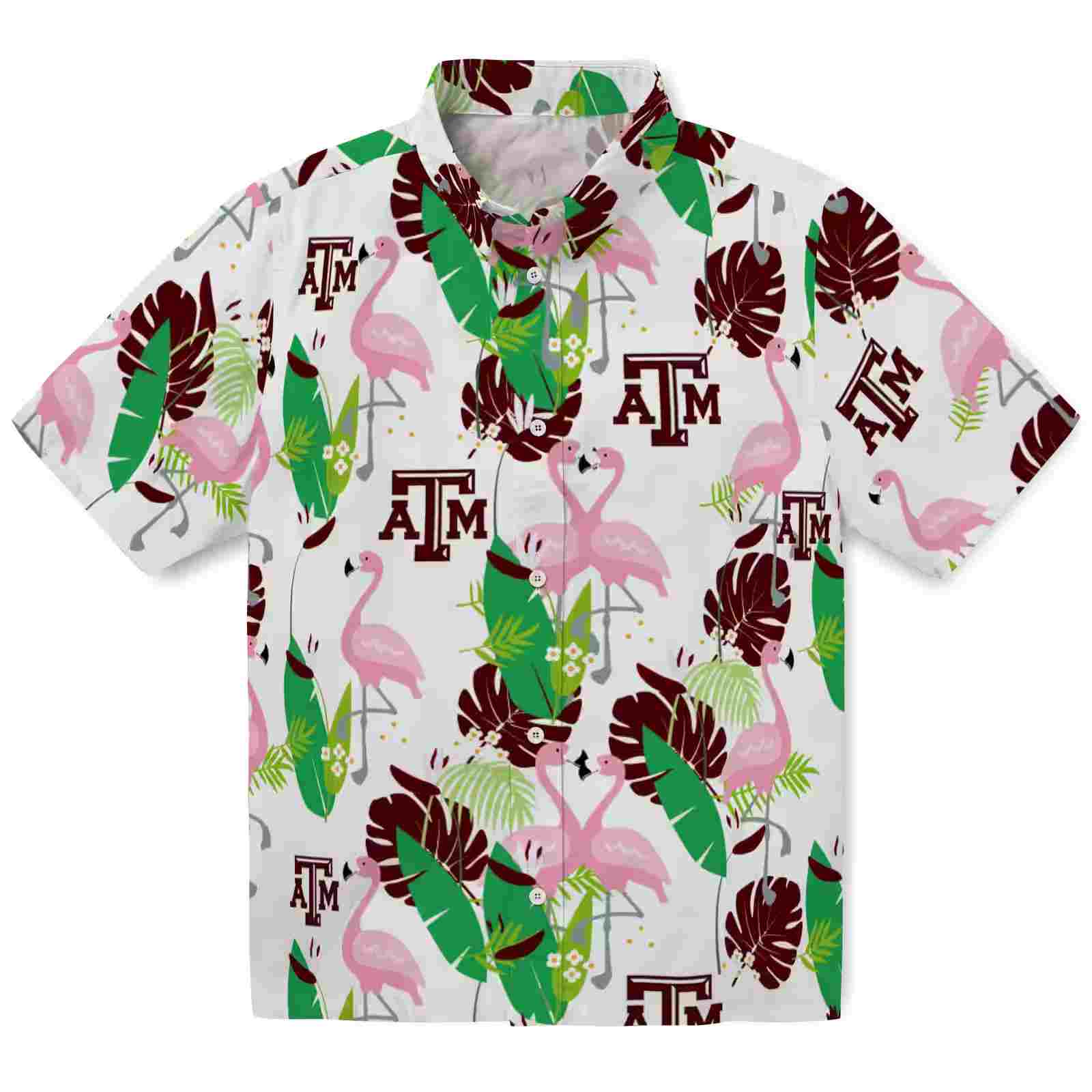 Texas A&M Aggies Flamingo Foliage Maroon Green Hawaiian Shirt