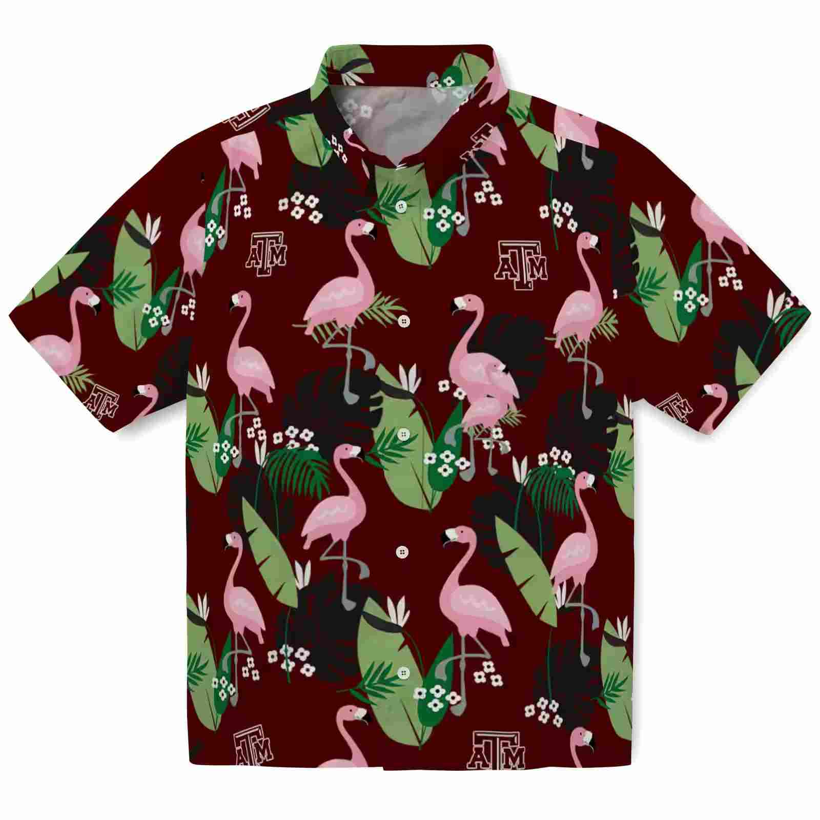 Texas A&M Aggies Flamingo Leaf Motif Maroon Hawaiian Shirt