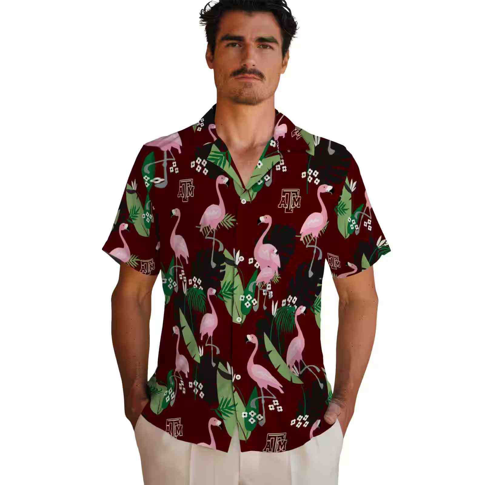 texas am aggies flamingo leaf motif maroon hawaiian shirt fashion forward