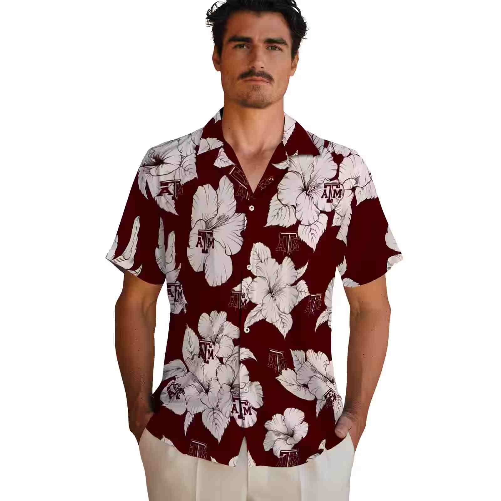 texas am aggies hibiscus blooms maroon white hawaiian shirt fashion forward