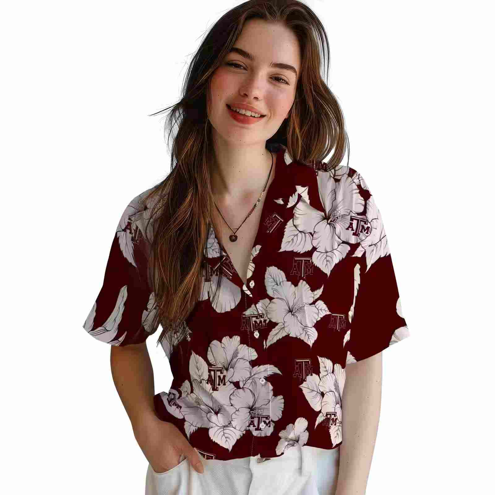 texas am aggies hibiscus blooms maroon white hawaiian shirt latest model