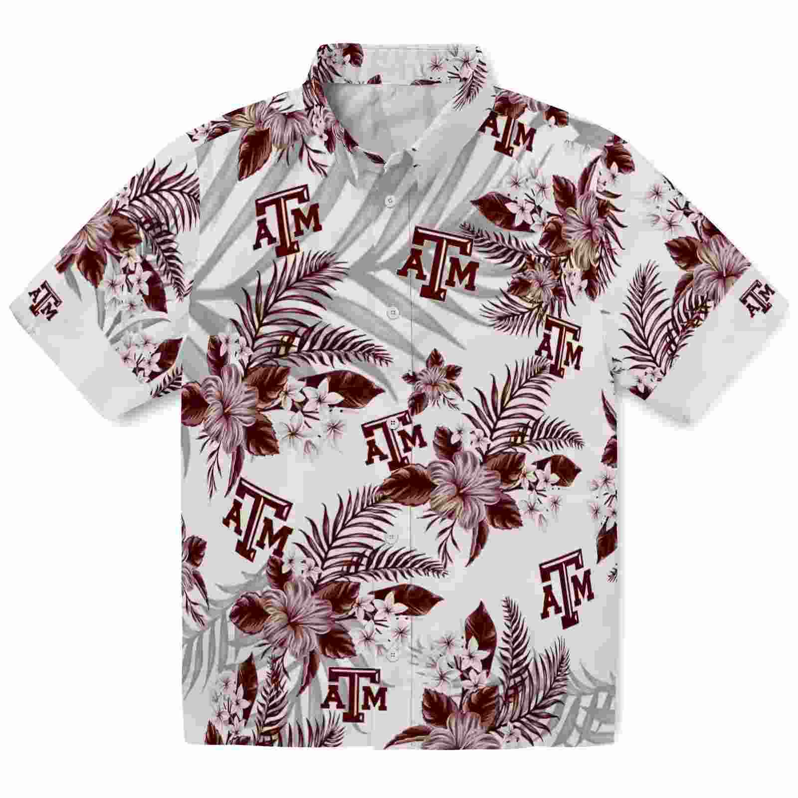 Texas A&M Aggies Hibiscus Palm Leaves Maroon White Hawaiian Shirt