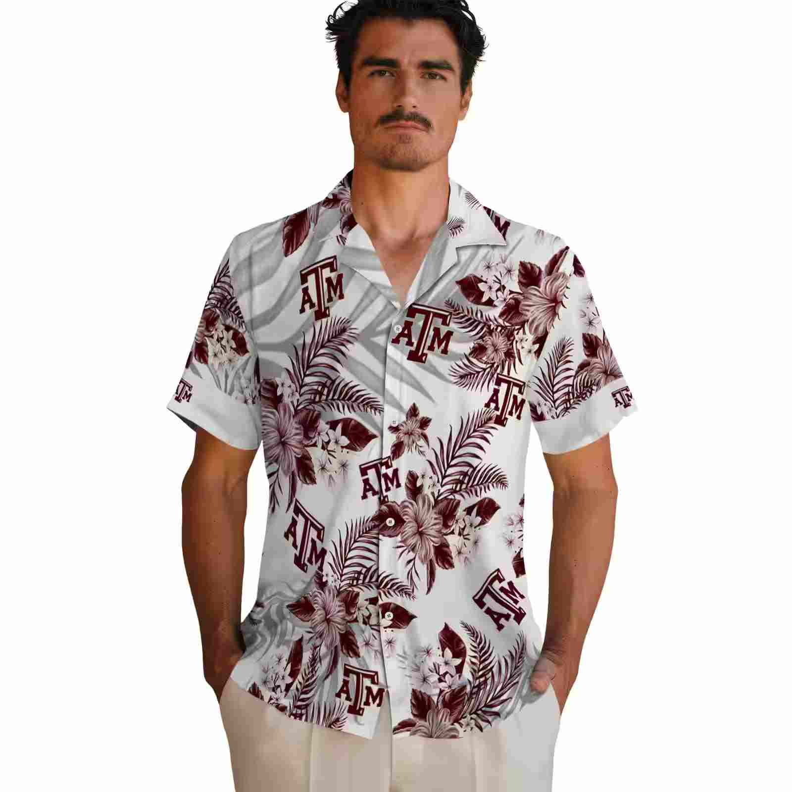 texas am aggies hibiscus palm leaves maroon white hawaiian shirt fashion forward