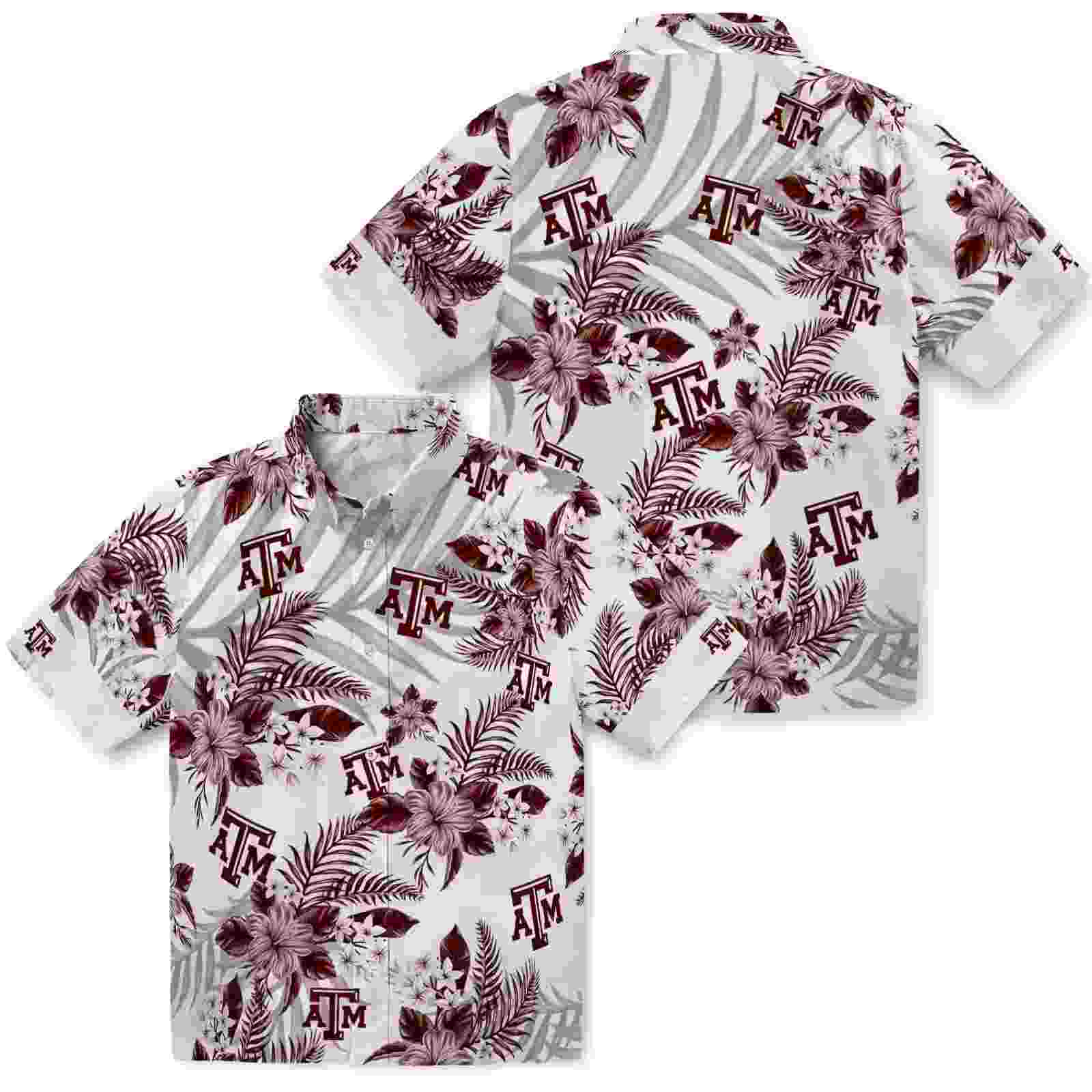 texas am aggies hibiscus palm leaves maroon white hawaiian shirt high quality