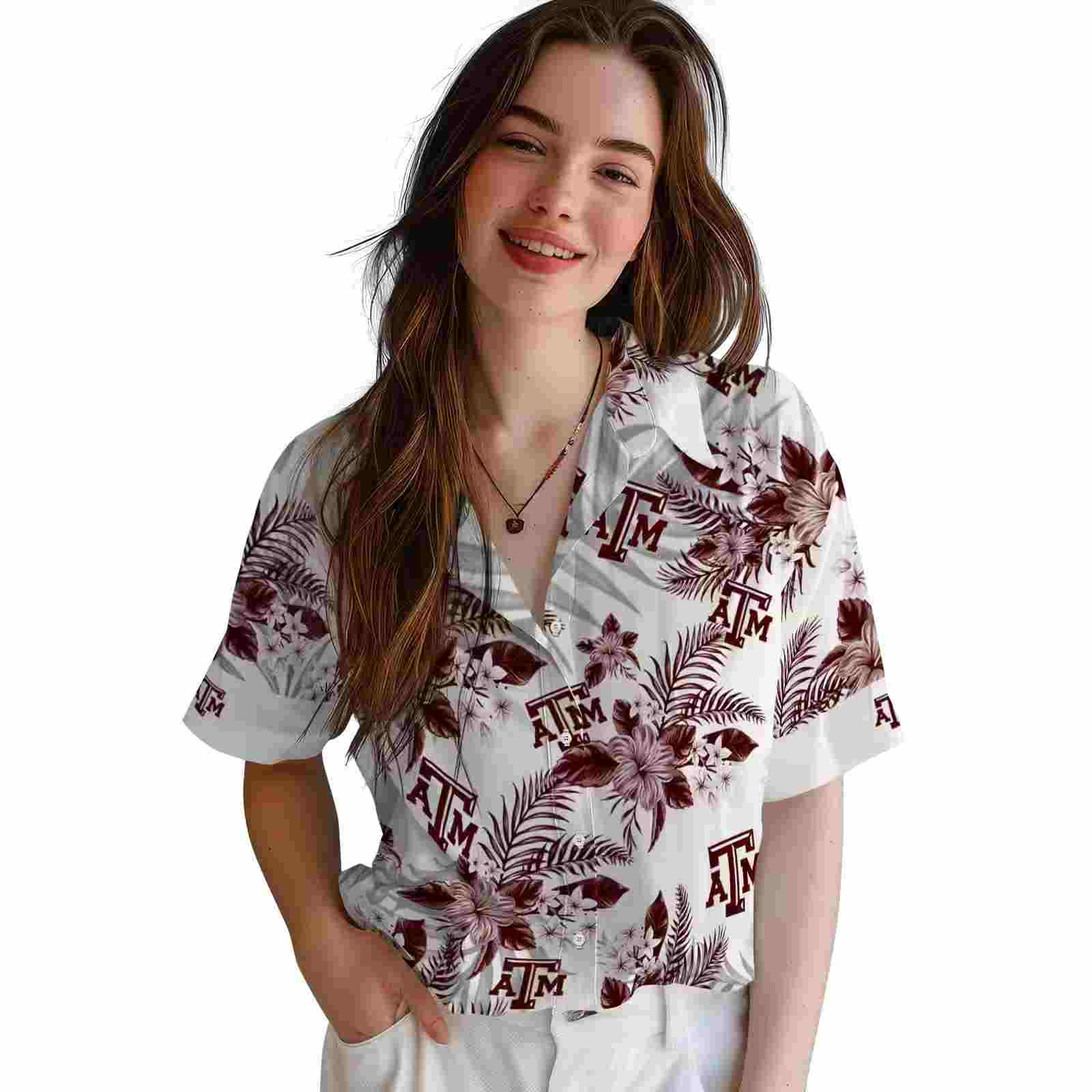 texas am aggies hibiscus palm leaves maroon white hawaiian shirt latest model