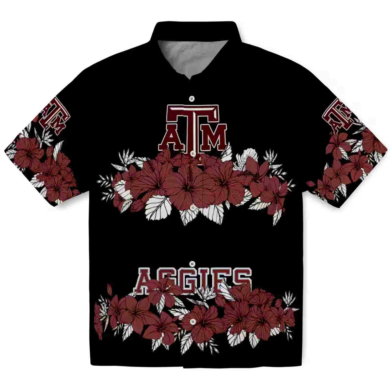 Texas A&M Aggies Hibiscus Stripe Maroon Black Hawaiian Shirt