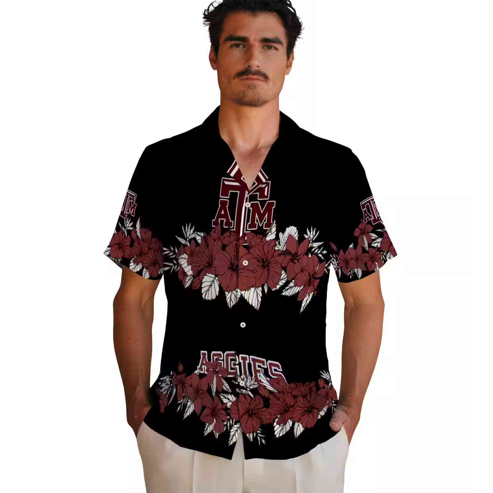 texas am aggies hibiscus stripe maroon black hawaiian shirt fashion forward