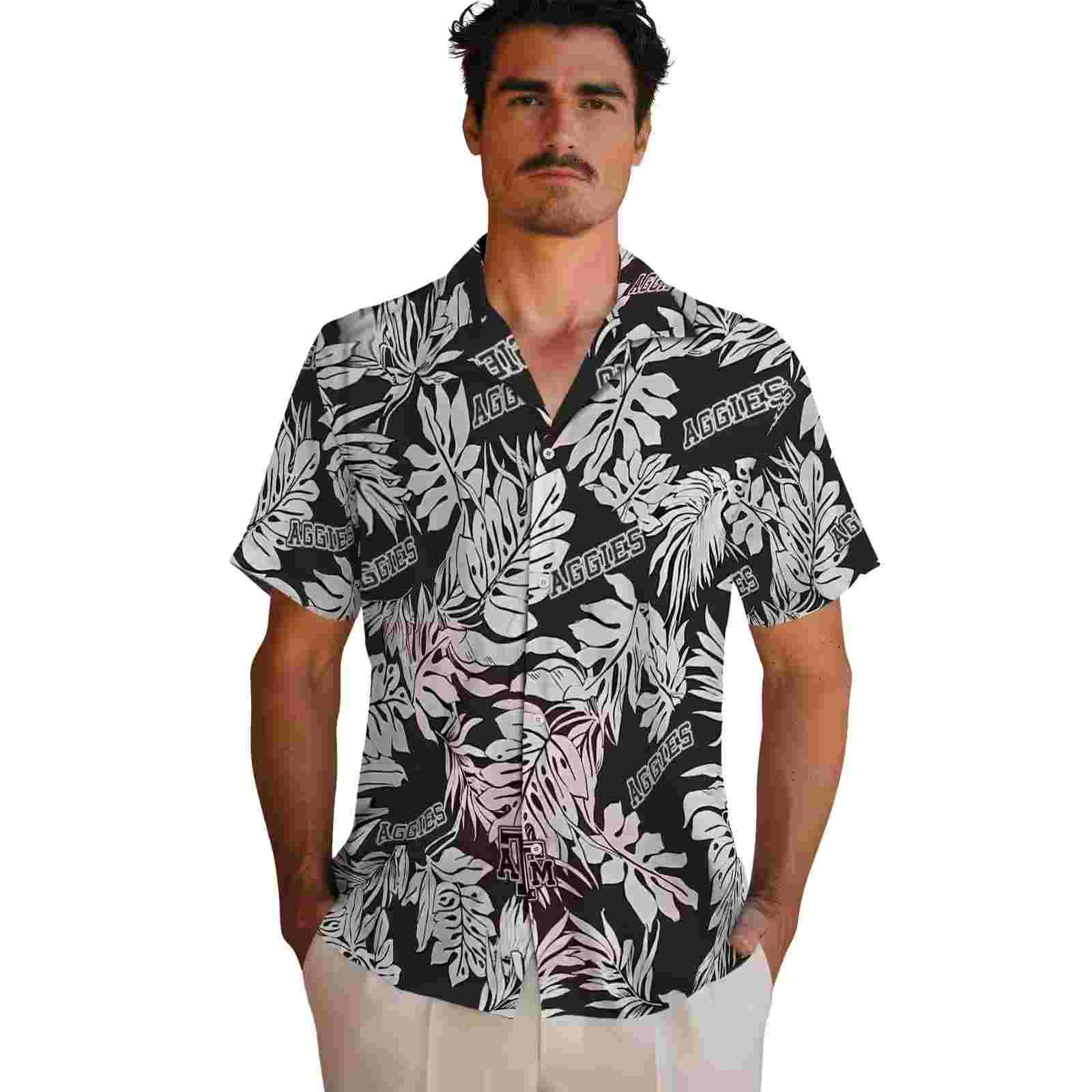 texas am aggies monstera leaf pattern black hawaiian shirt fashion forward