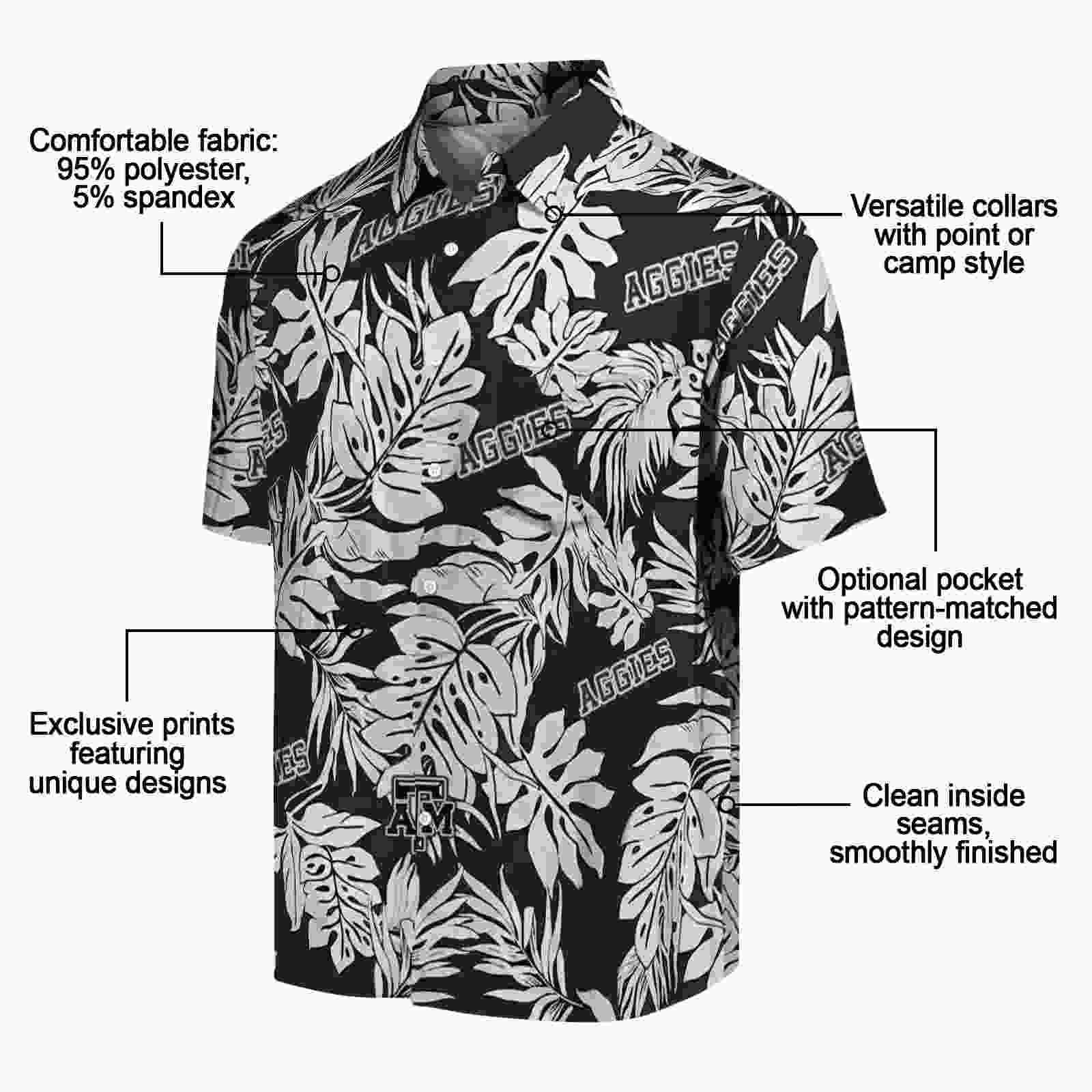 texas am aggies monstera leaf pattern black hawaiian shirt new arrival