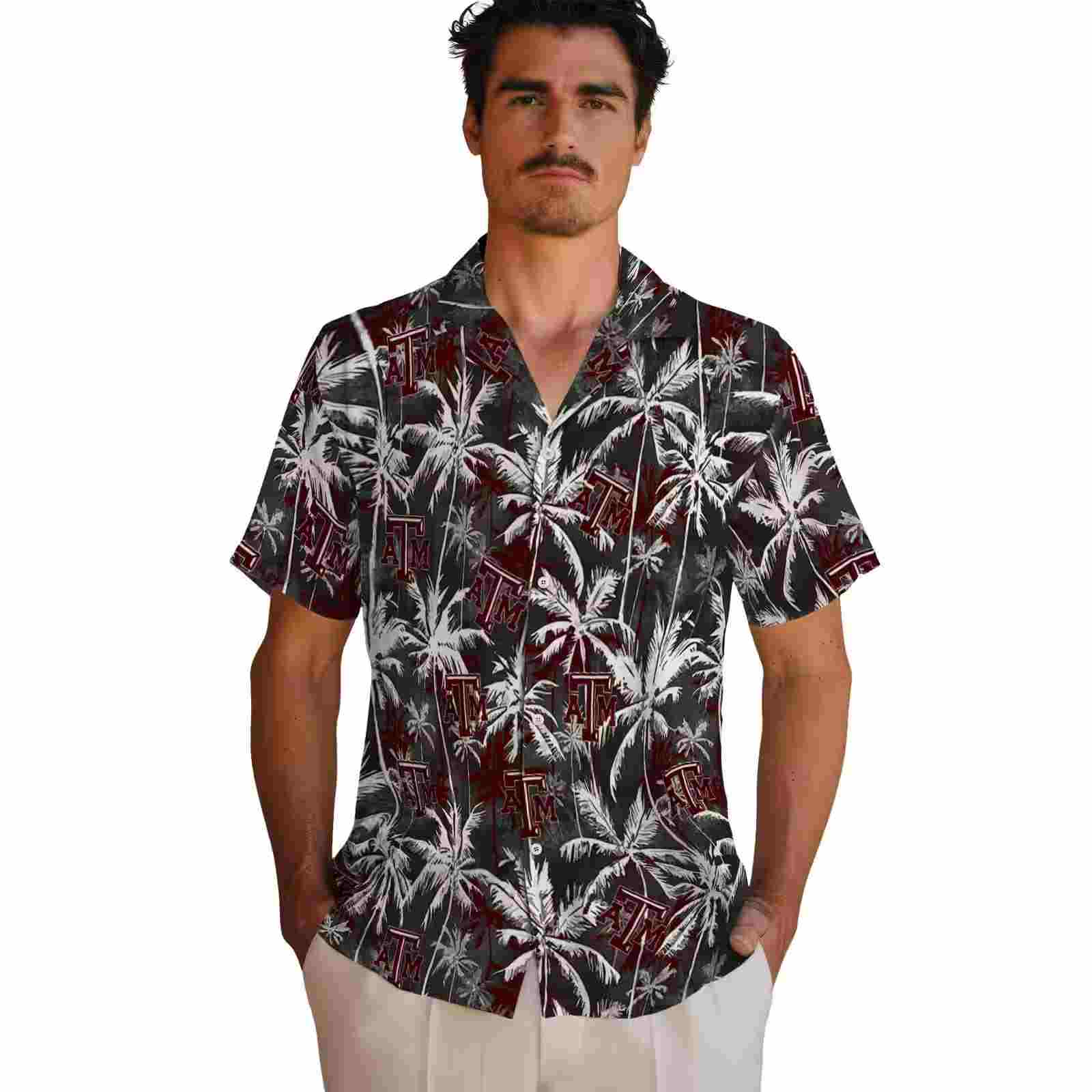 texas am aggies palm pattern maroon black hawaiian shirt fashion forward