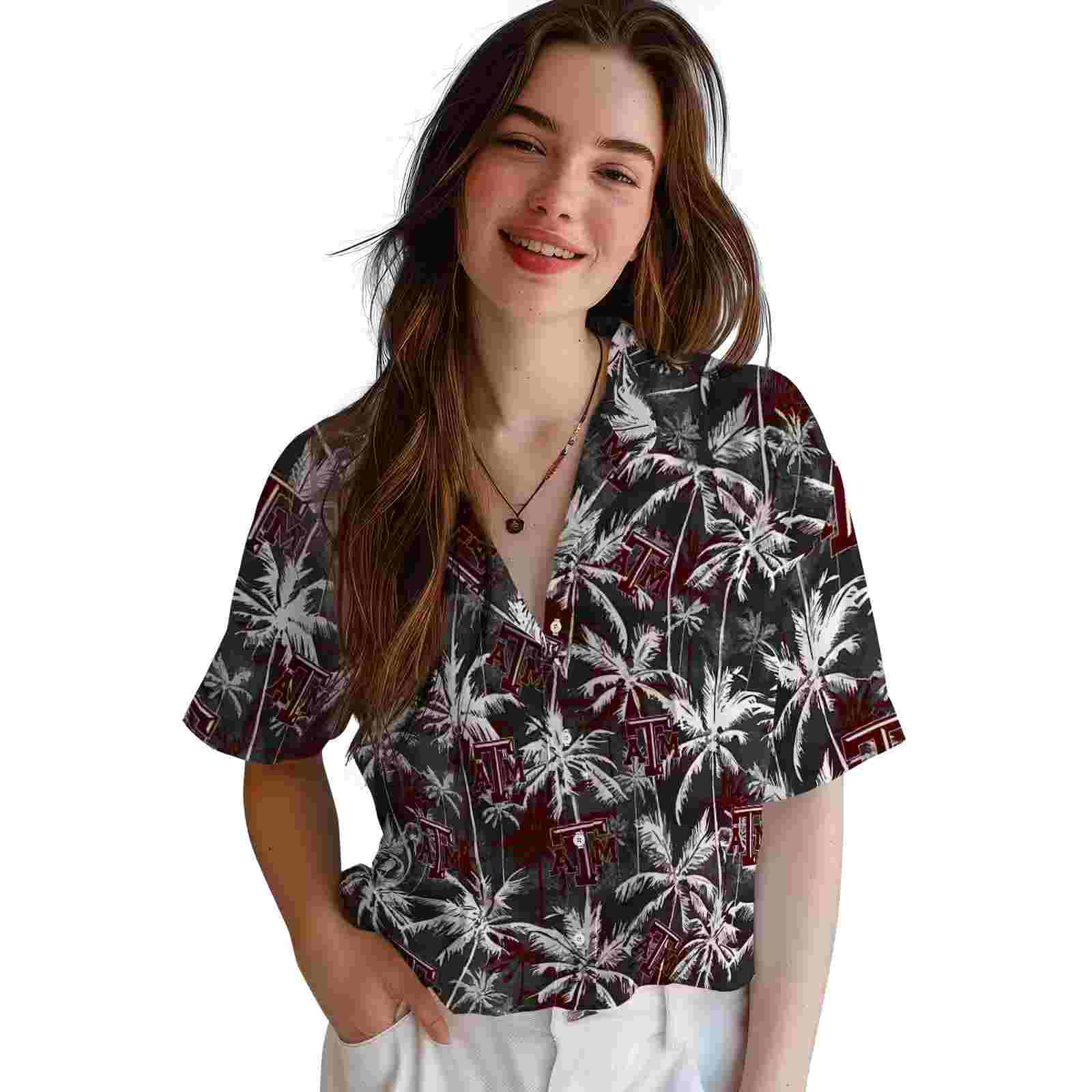 texas am aggies palm pattern maroon black hawaiian shirt latest model