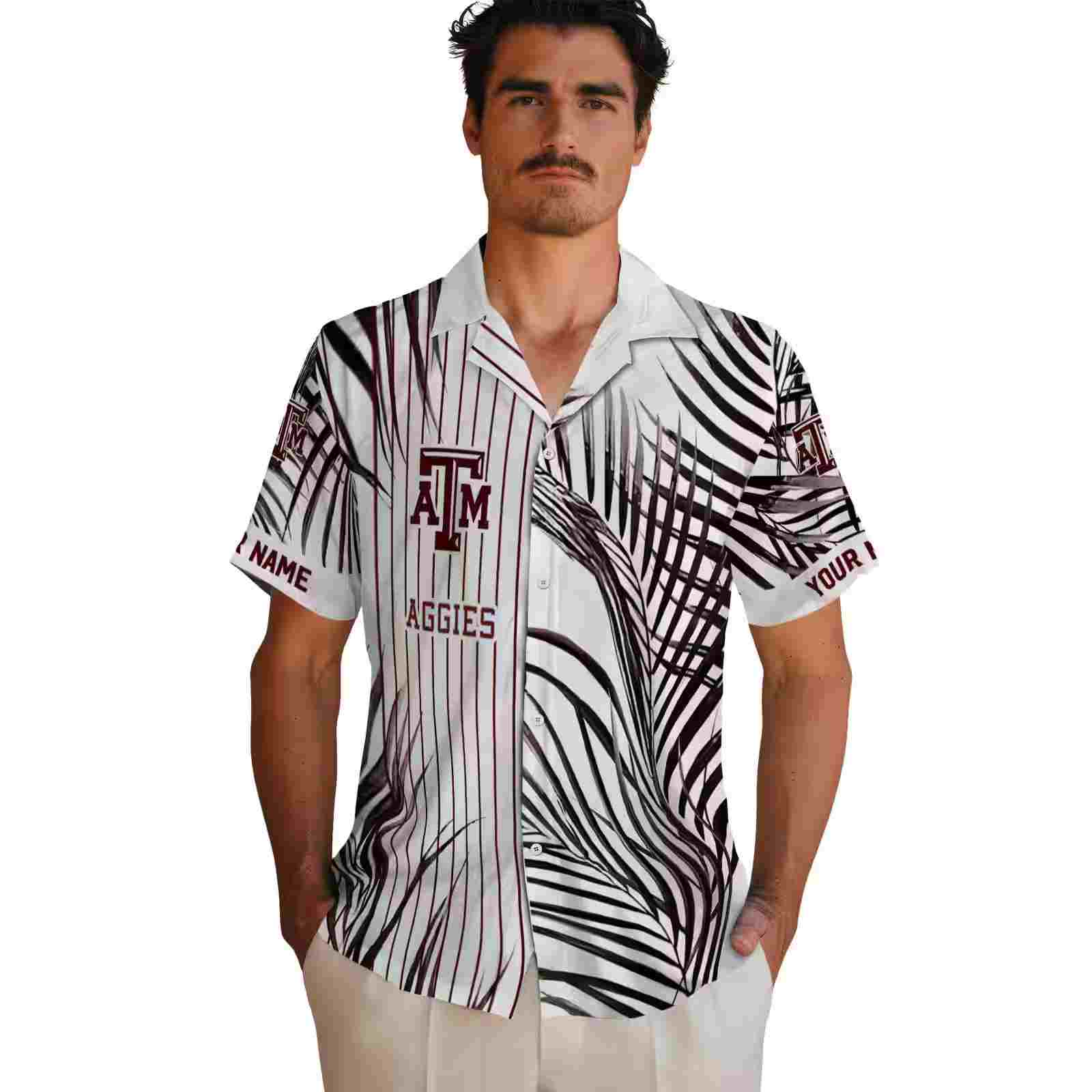 texas am aggies palm stripes maroon black white hawaiian shirt fashion forward