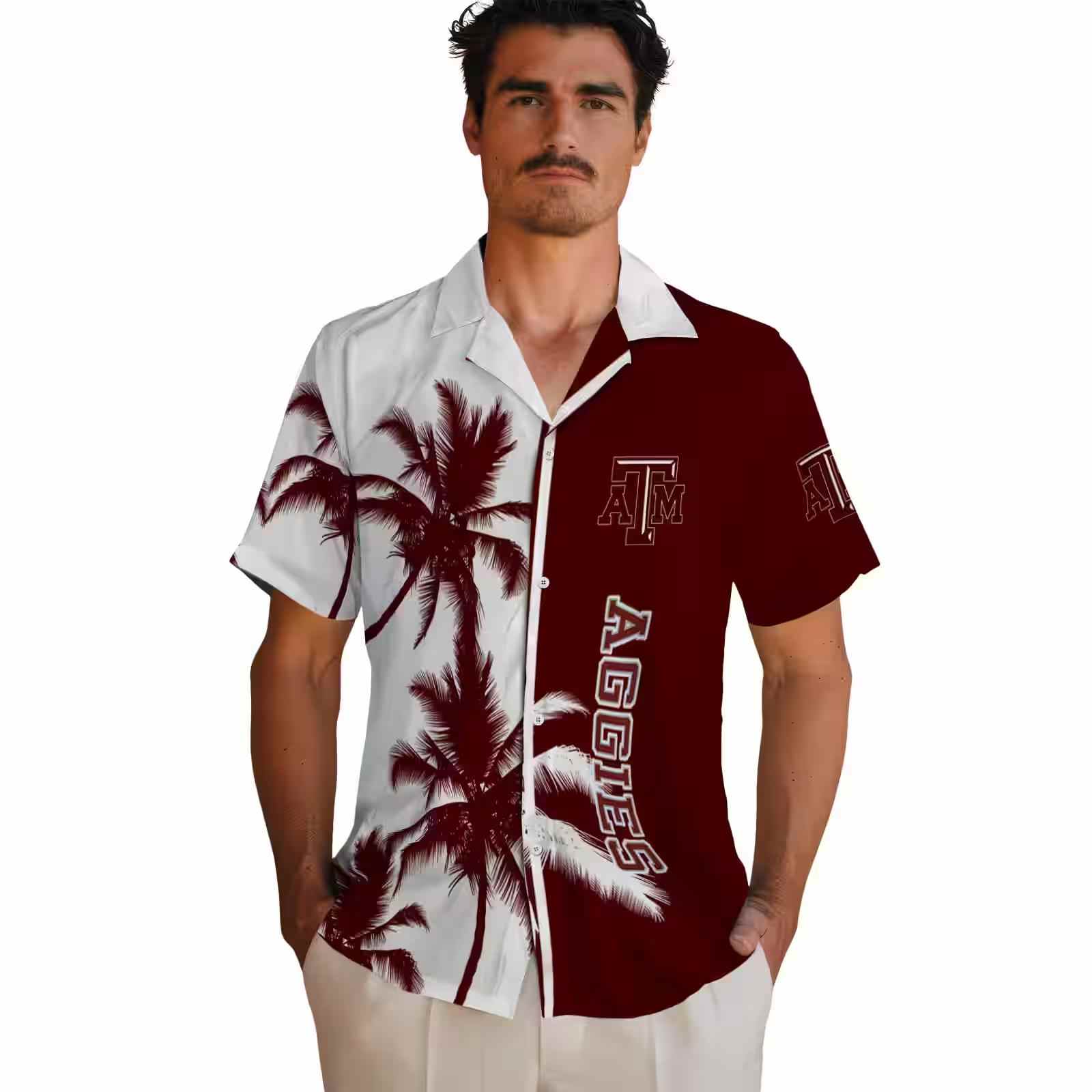 texas am aggies palm trees maroon white hawaiian shirt fashion forward