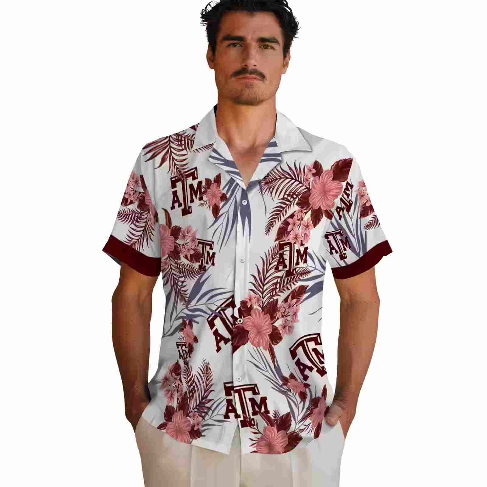 texas am aggies patriotic hibiscus design maroon white hawaiian shirt fashion forward