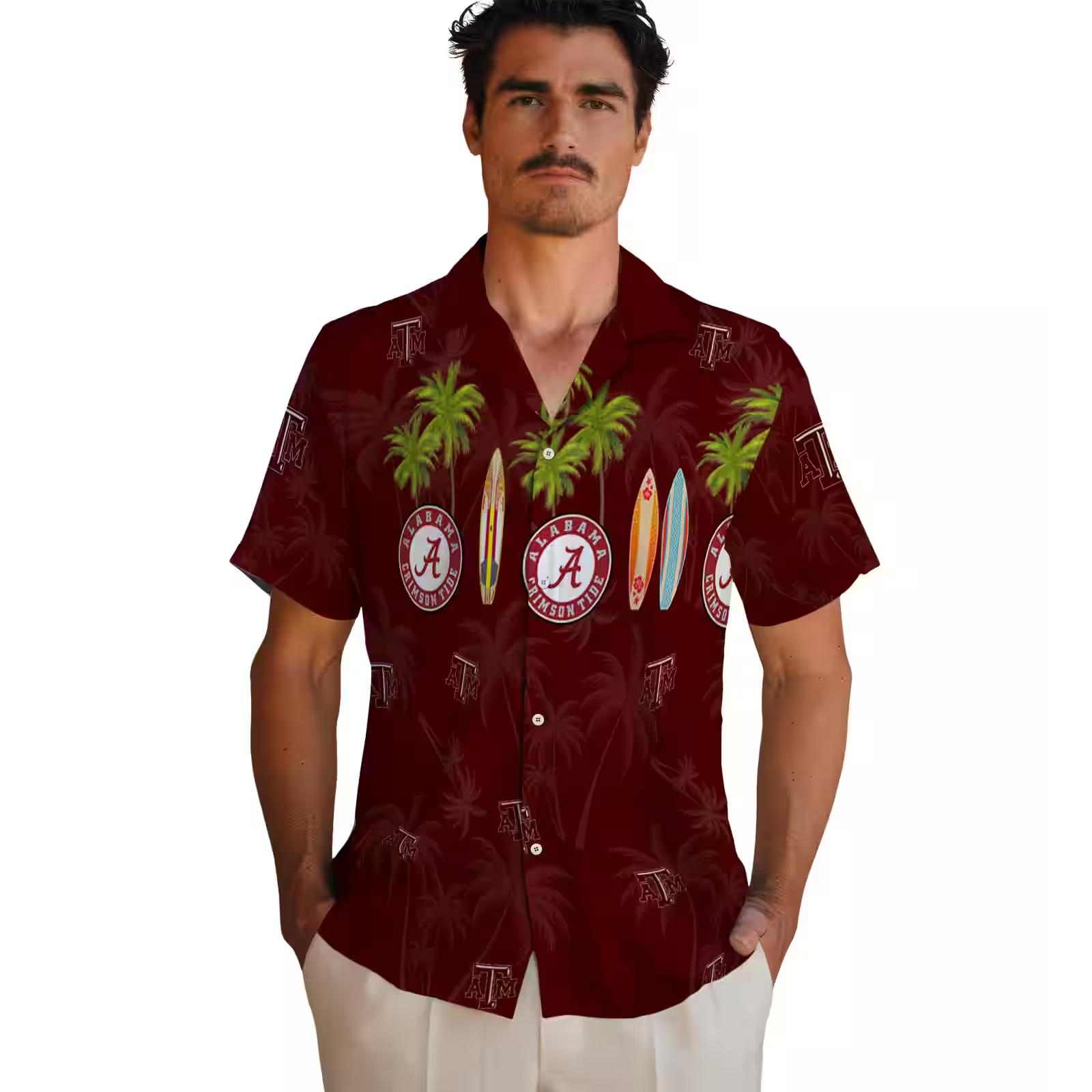 texas am aggies surfboard palm maroon hawaiian shirt fashion forward