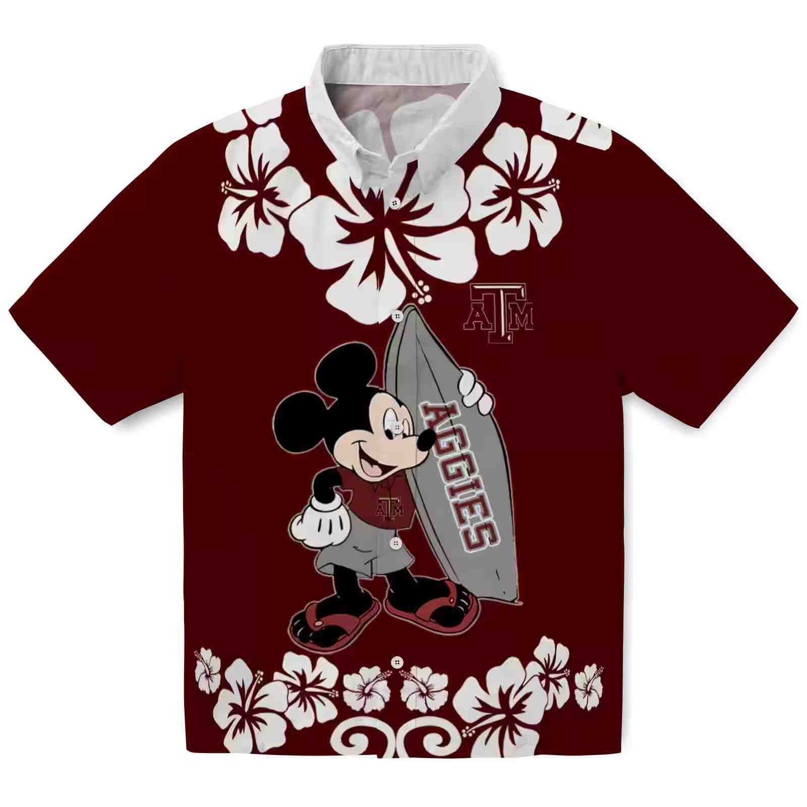 Texas A&M Aggies Surfing Mickey Maroon Hawaiian Shirt