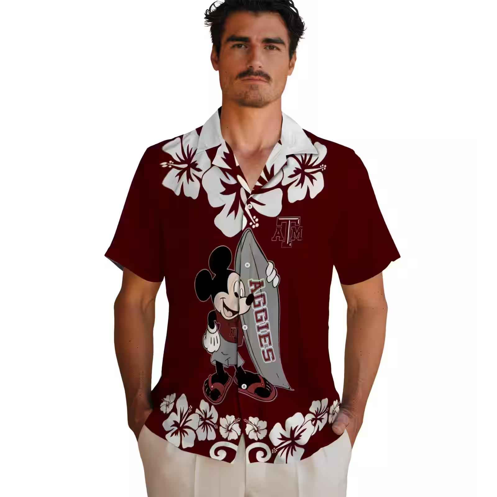 texas am aggies surfing mickey maroon hawaiian shirt fashion forward