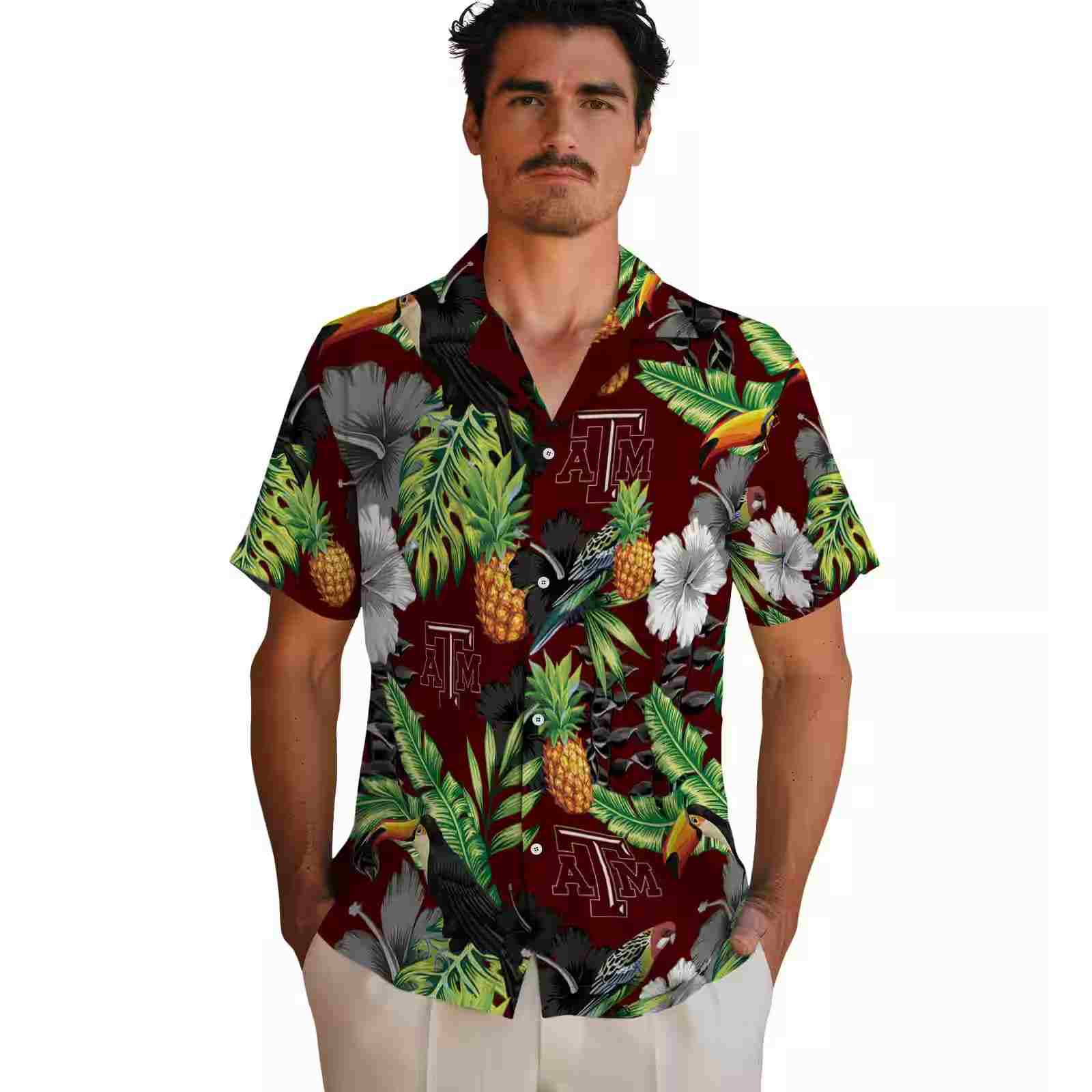 texas am aggies toucan hibiscus pineapple maroon green hawaiian shirt fashion forward