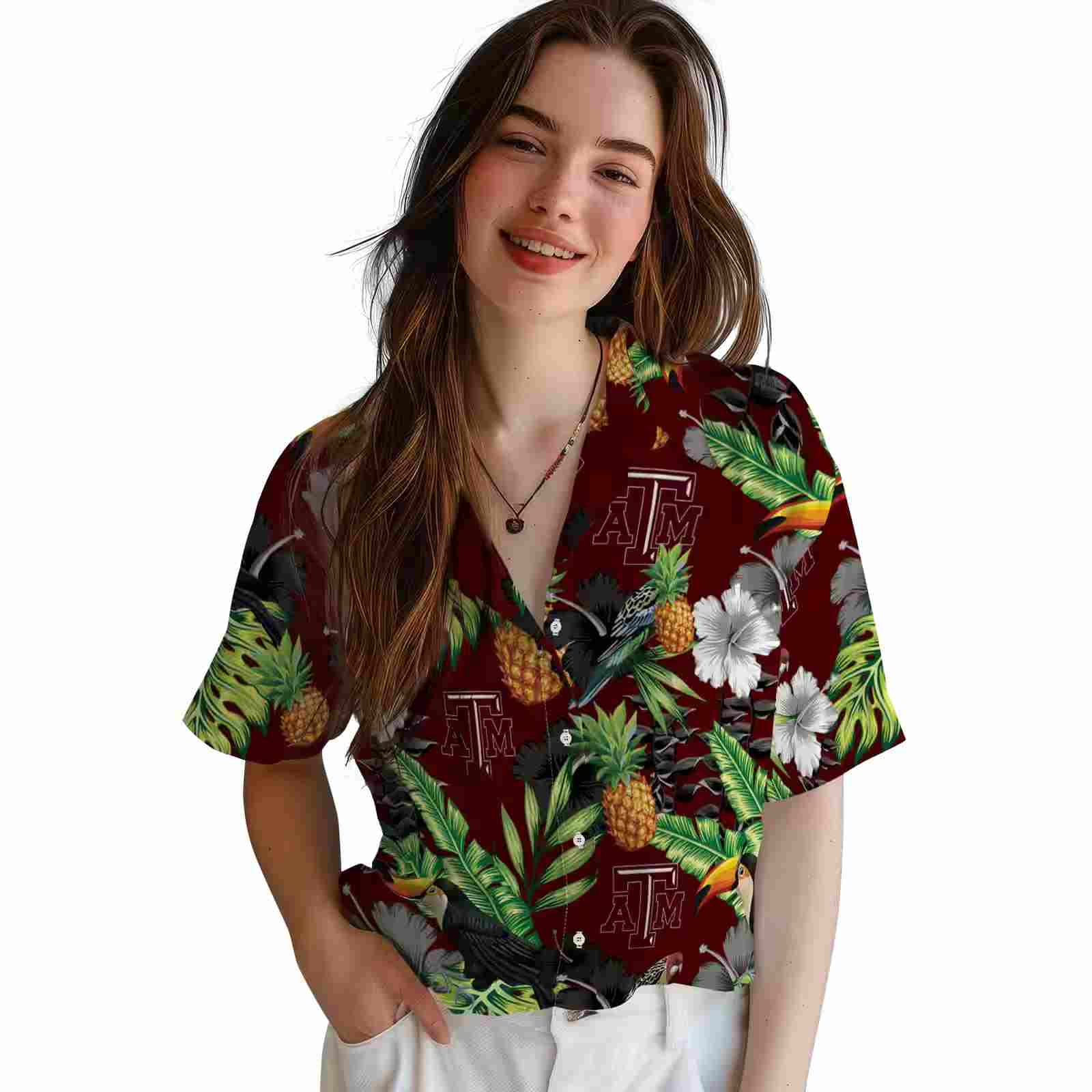 texas am aggies toucan hibiscus pineapple maroon green hawaiian shirt latest model