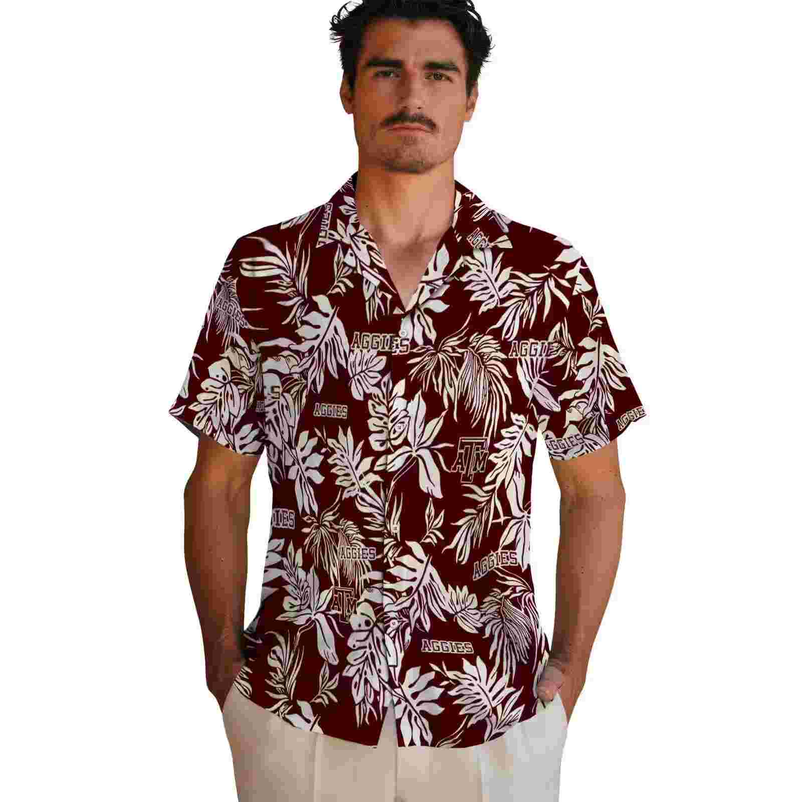 texas am aggies tropical leaf maroon white hawaiian shirt fashion forward