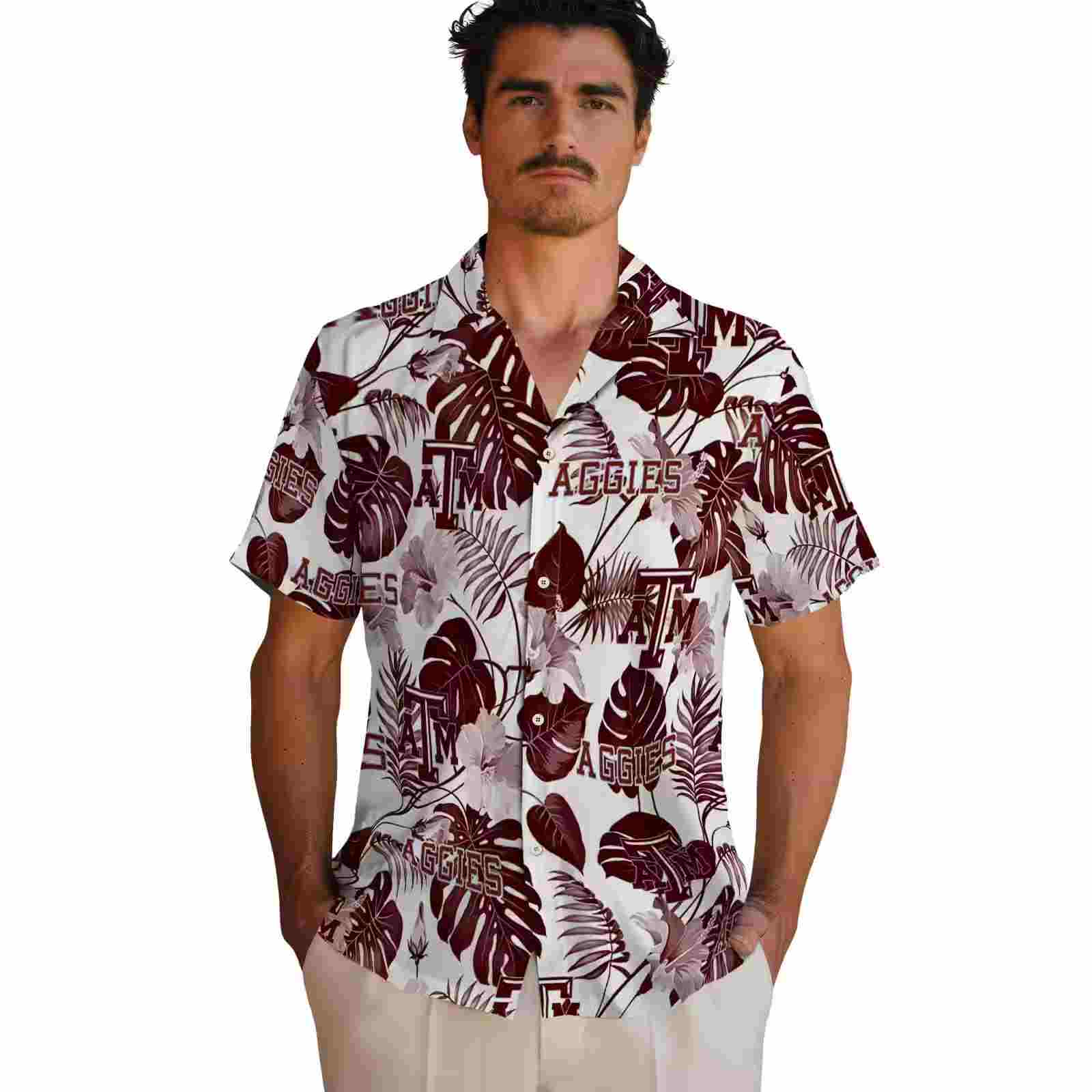 texas am aggies tropical plants maroon white hawaiian shirt fashion forward