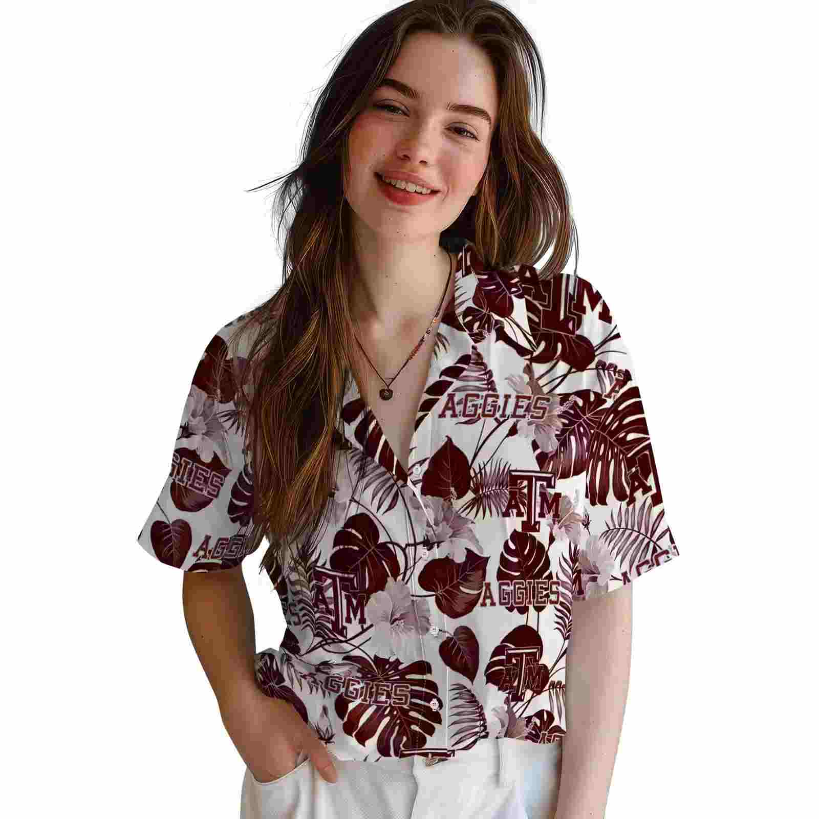 texas am aggies tropical plants maroon white hawaiian shirt latest model