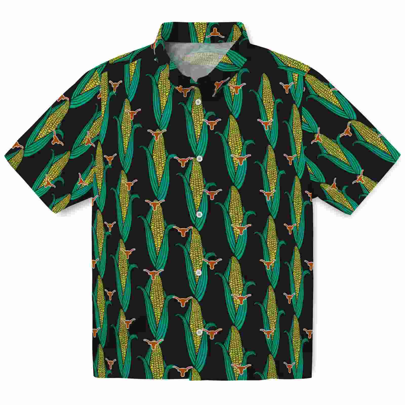 Texas Longhorns Corn Motifs Black Green Hawaiian Shirt