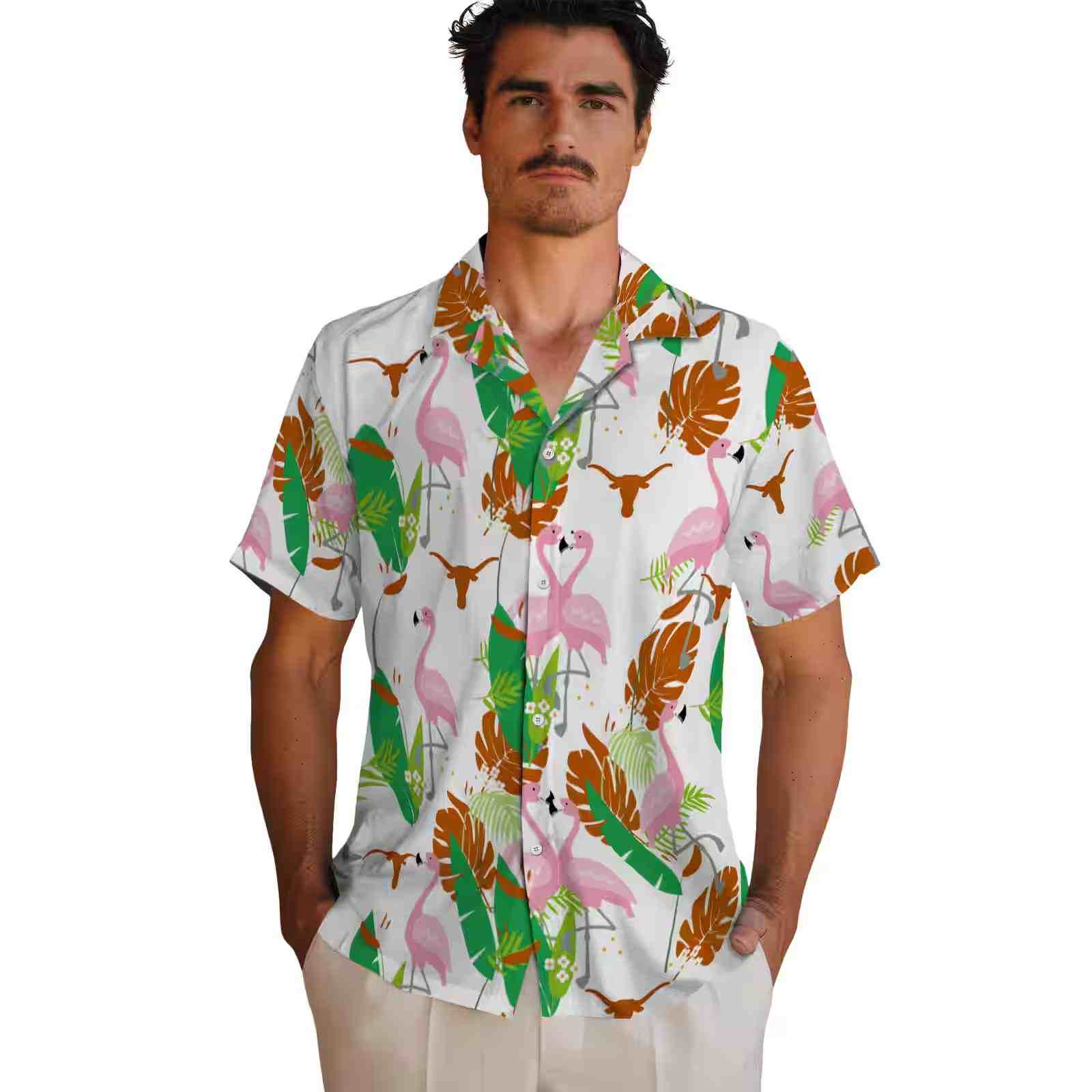 texas longhorns flamingo foliage orange green hawaiian shirt fashion forward