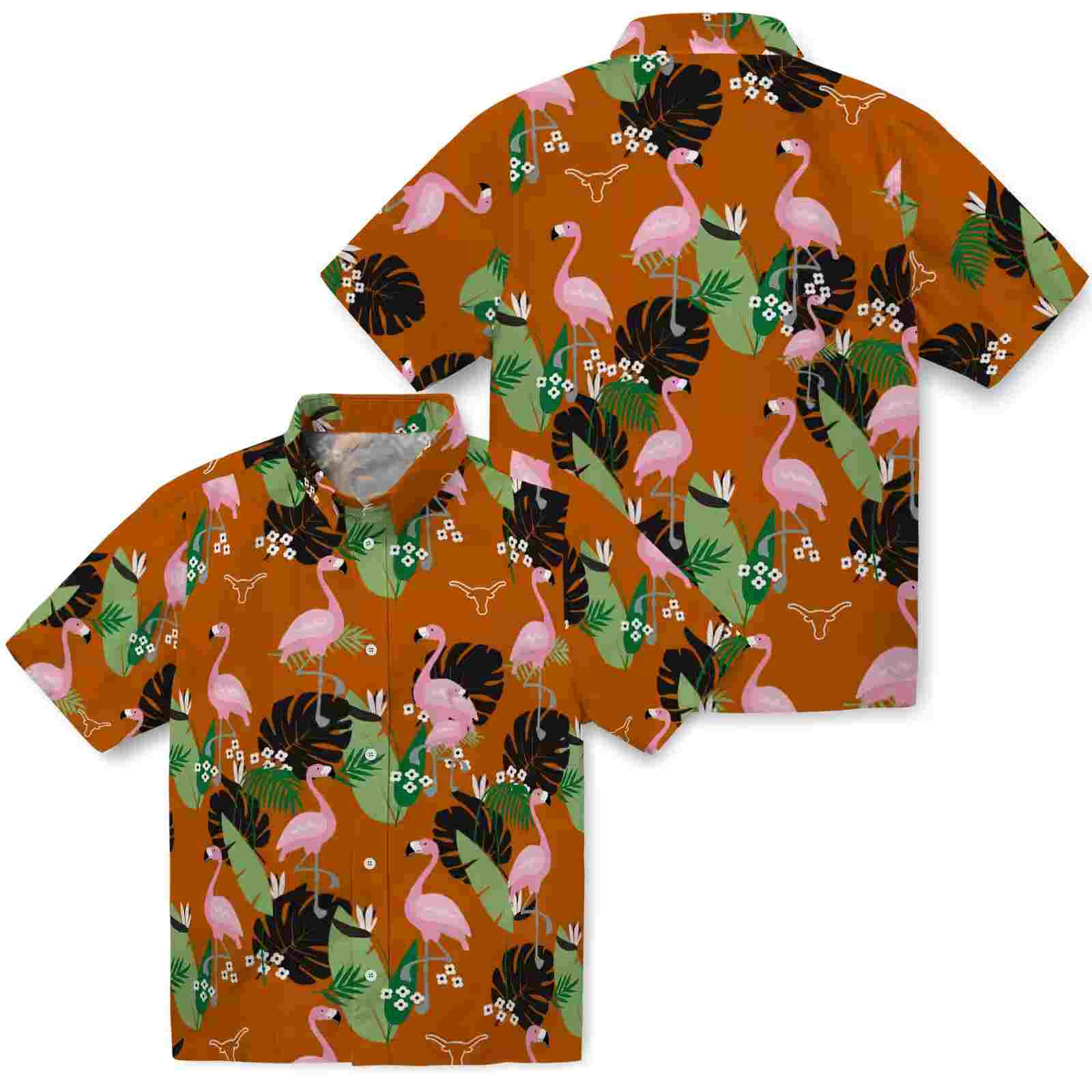 texas longhorns flamingo leaf motif orange hawaiian shirt high quality