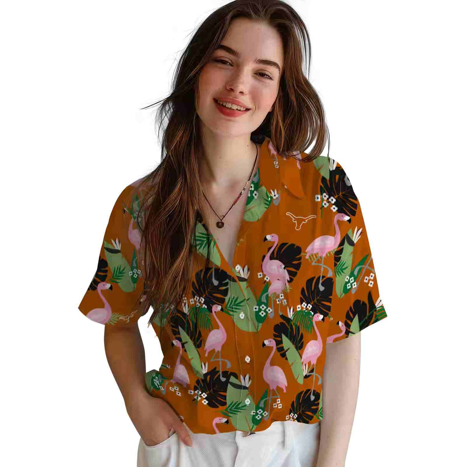 texas longhorns flamingo leaf motif orange hawaiian shirt latest model