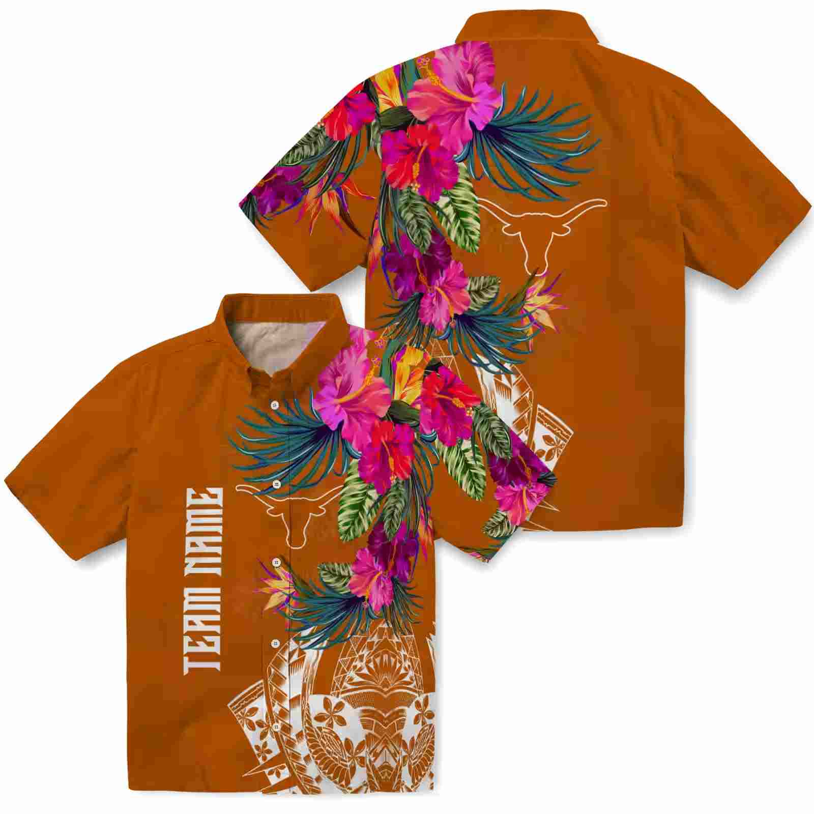 texas longhorns floral polynesian orange hawaiian shirt high quality