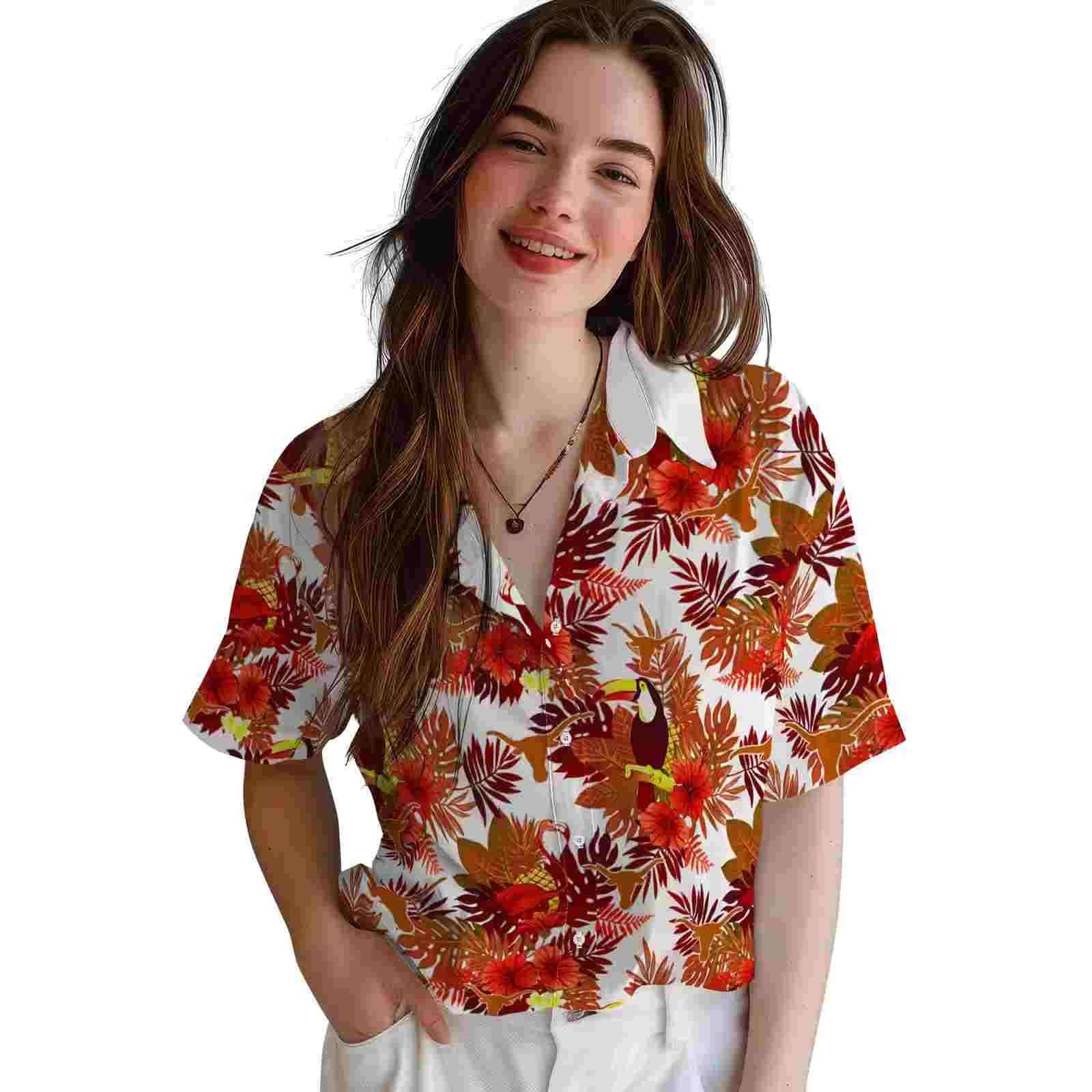 texas longhorns floral toucan orange red hawaiian shirt latest model