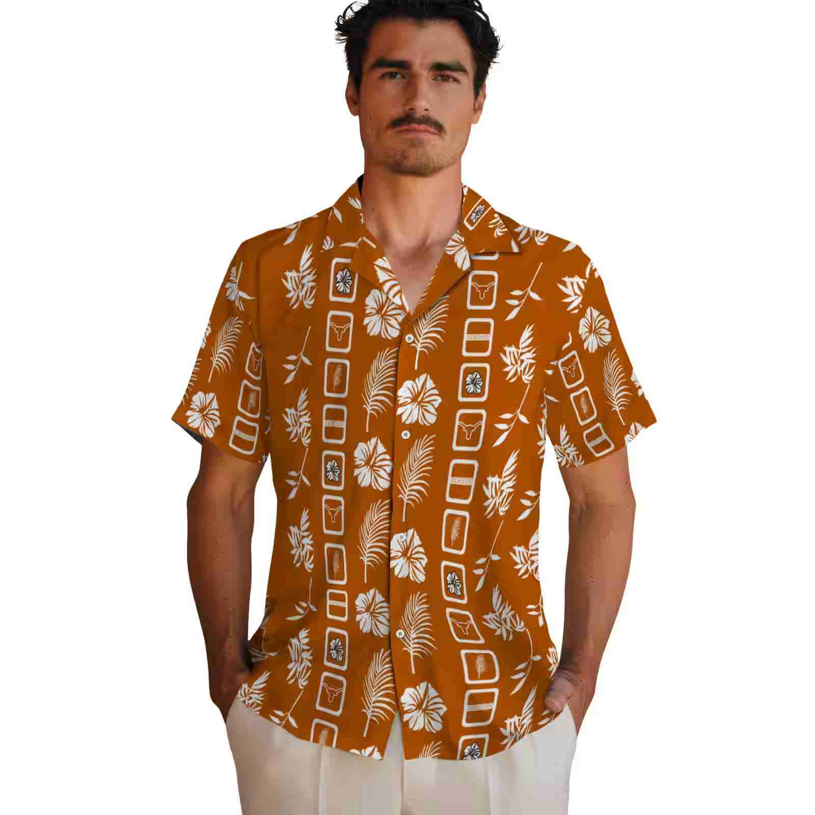 texas longhorns framed floral orange hawaiian shirt fashion forward