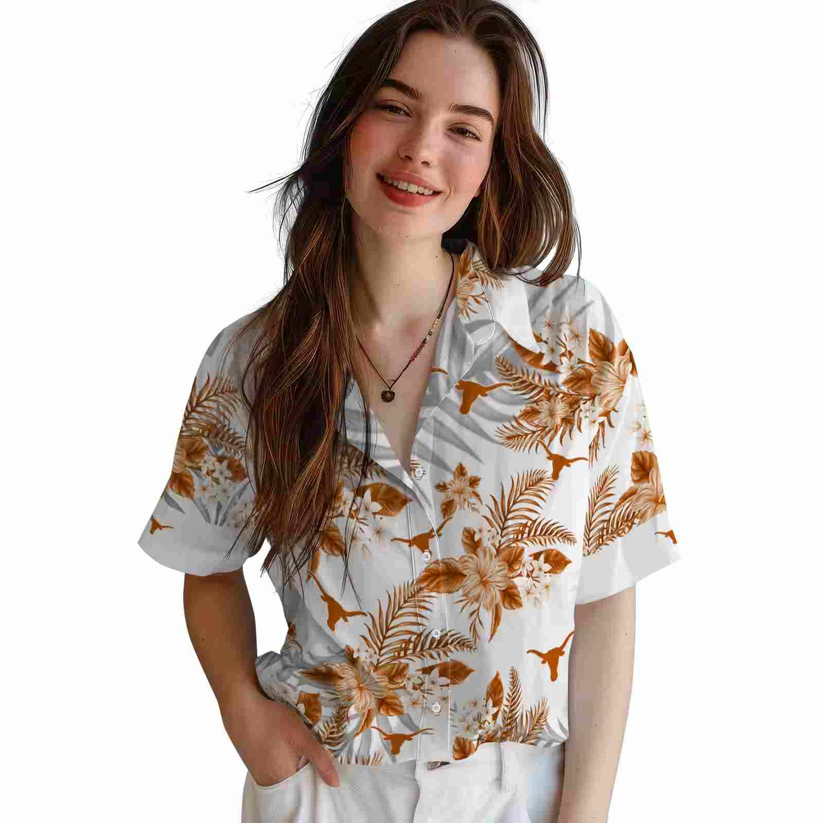 texas longhorns hibiscus palm leaves orange white hawaiian shirt latest model