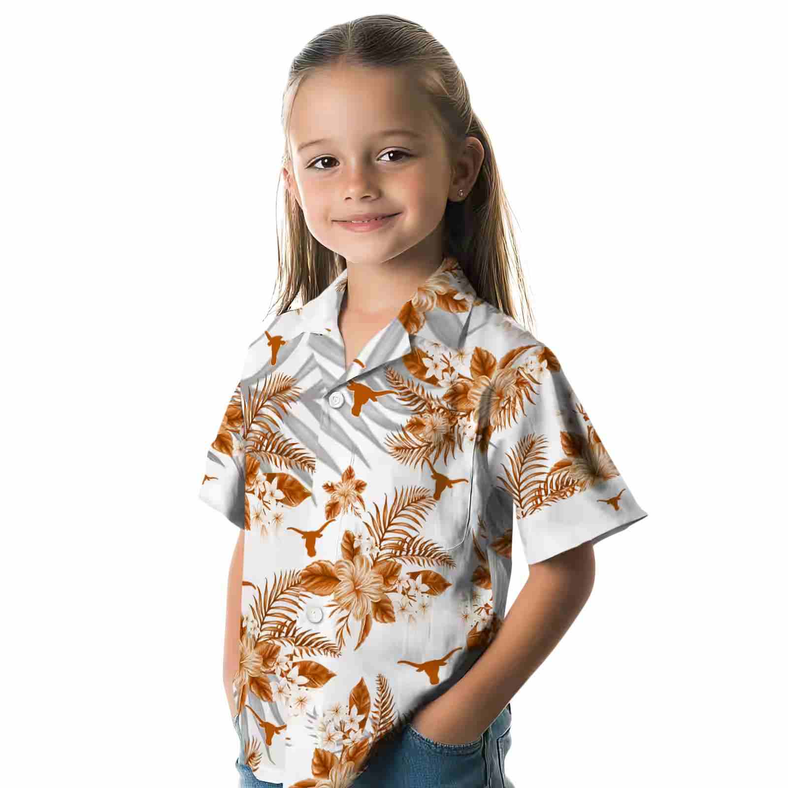 texas longhorns hibiscus palm leaves orange white hawaiian shirt premium grade