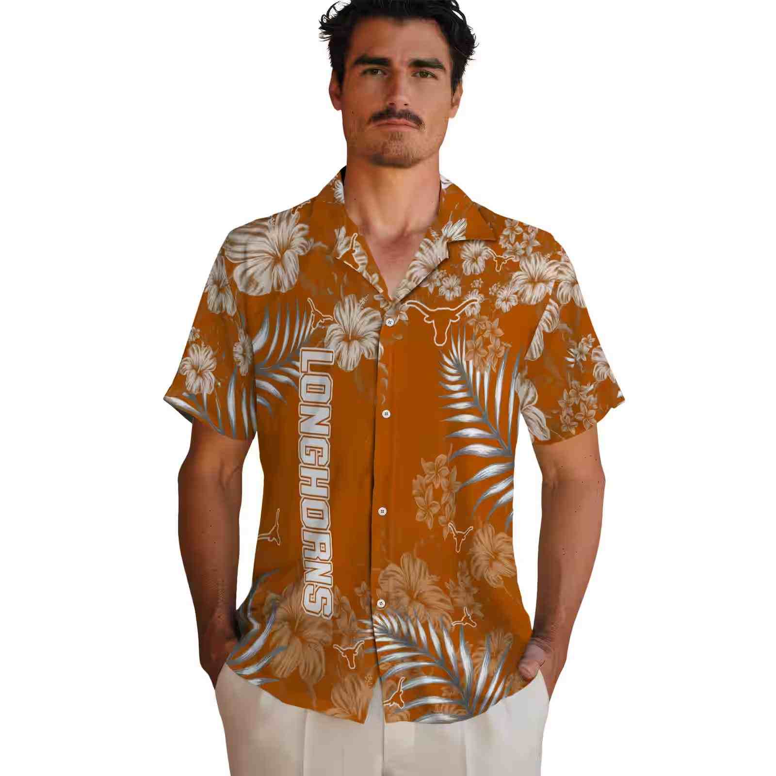 texas longhorns hibiscus print orange hawaiian shirt fashion forward