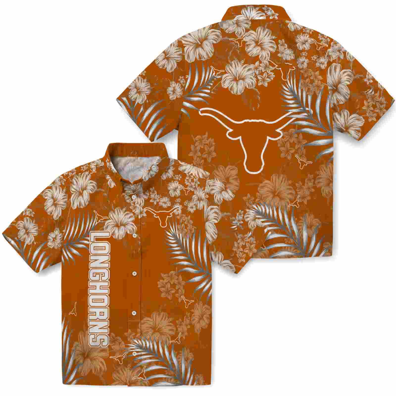 texas longhorns hibiscus print orange hawaiian shirt high quality