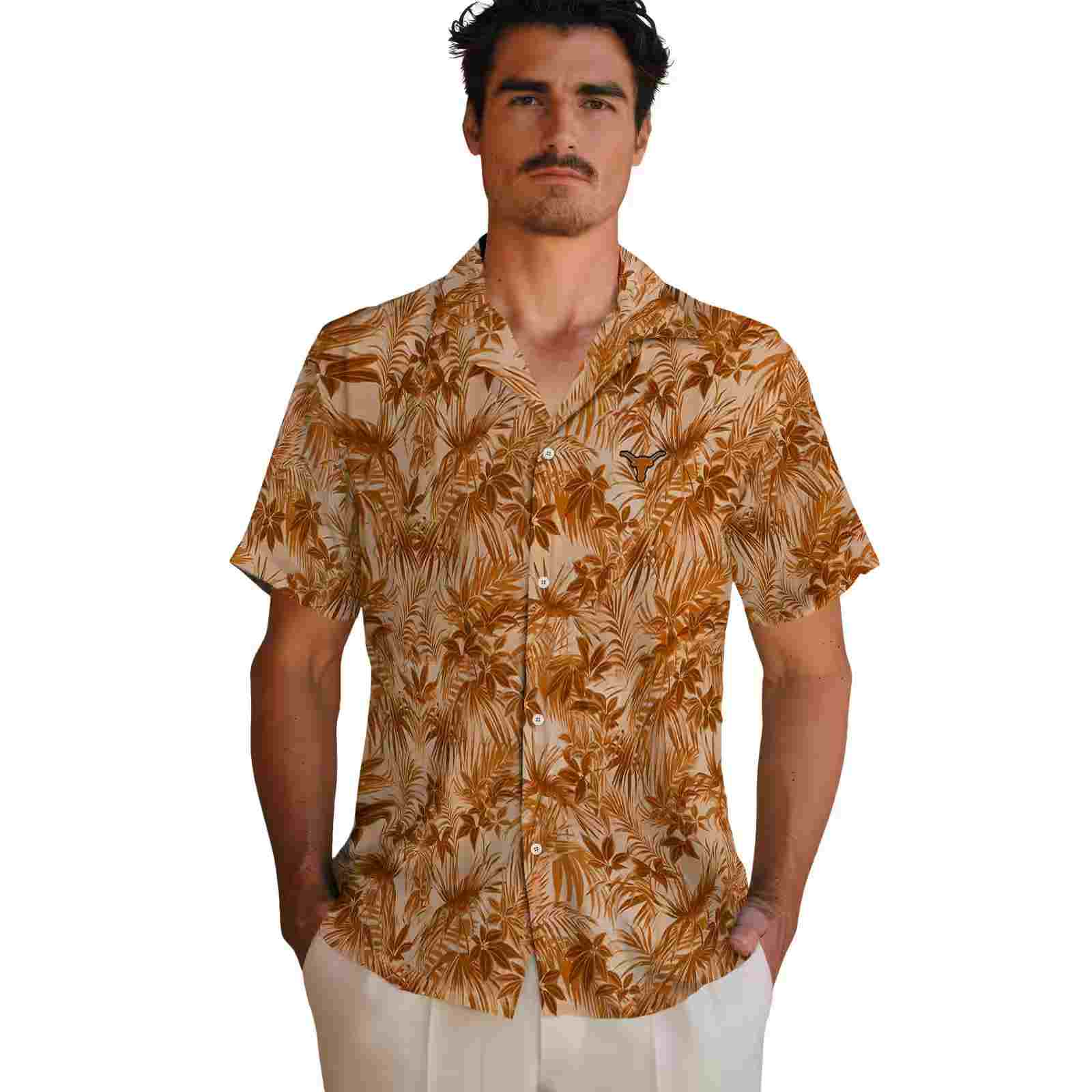 texas longhorns leafy pattern orange hawaiian shirt fashion forward