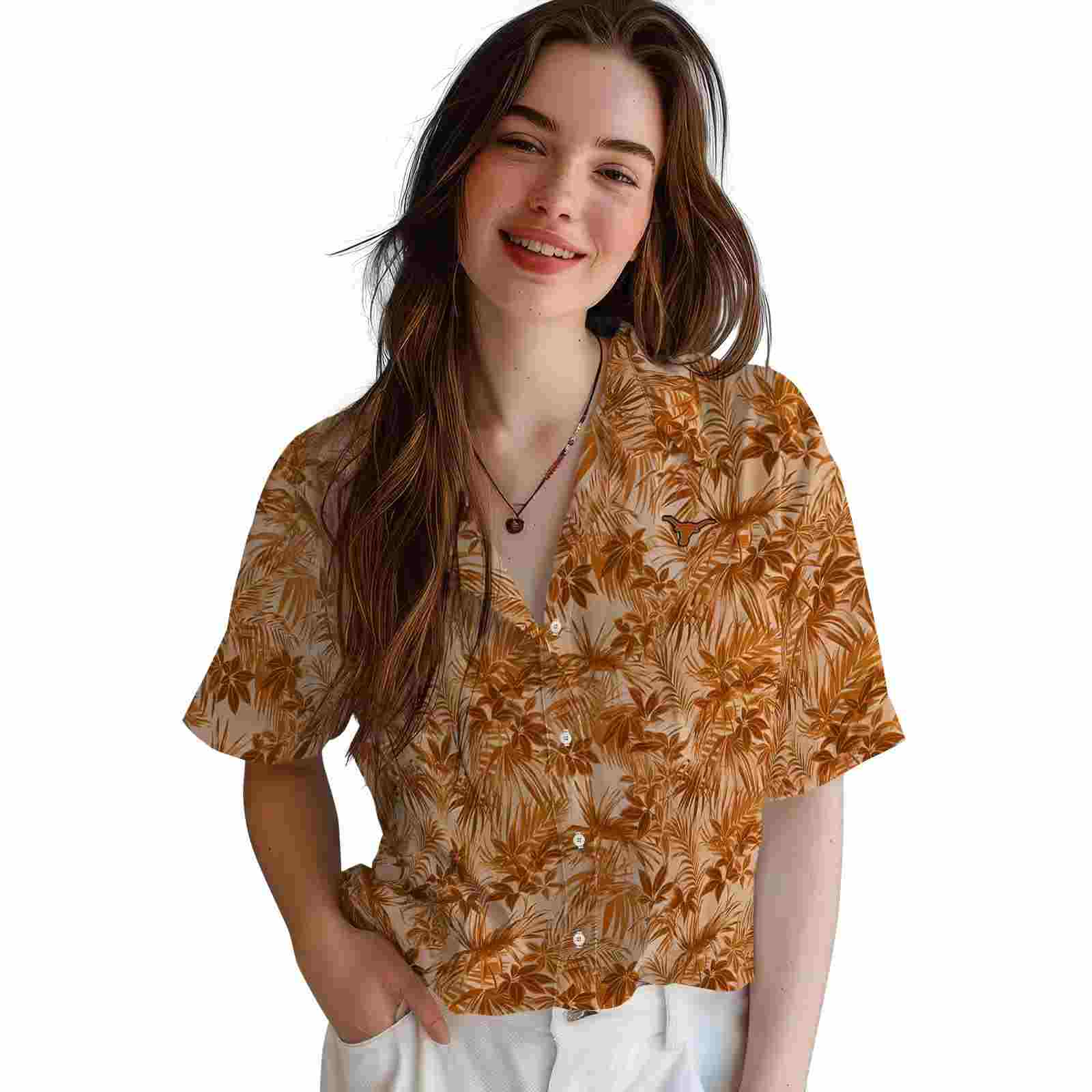 texas longhorns leafy pattern orange hawaiian shirt latest model