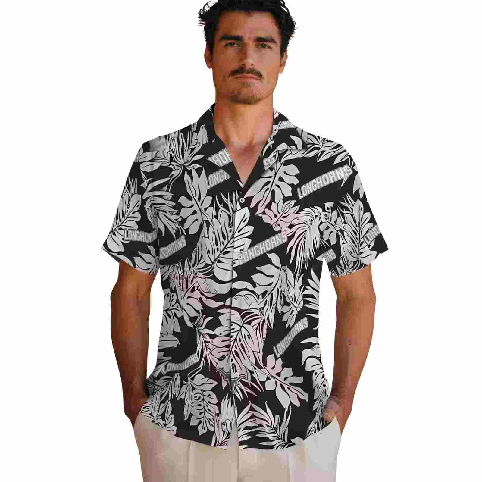 texas longhorns monstera leaf pattern black hawaiian shirt fashion forward