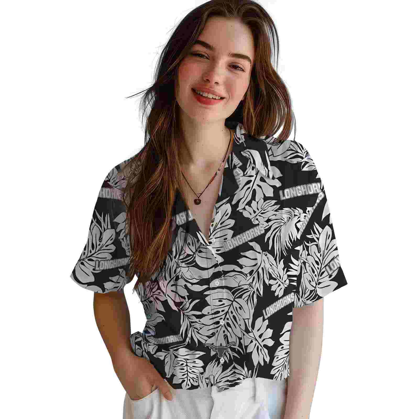 texas longhorns monstera leaf pattern black hawaiian shirt latest model