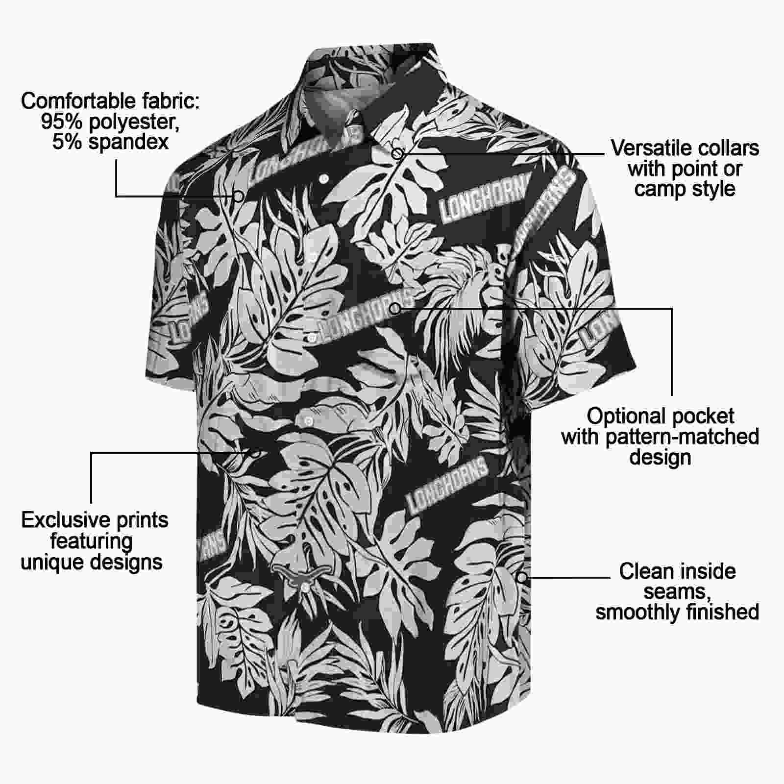 texas longhorns monstera leaf pattern black hawaiian shirt new arrival