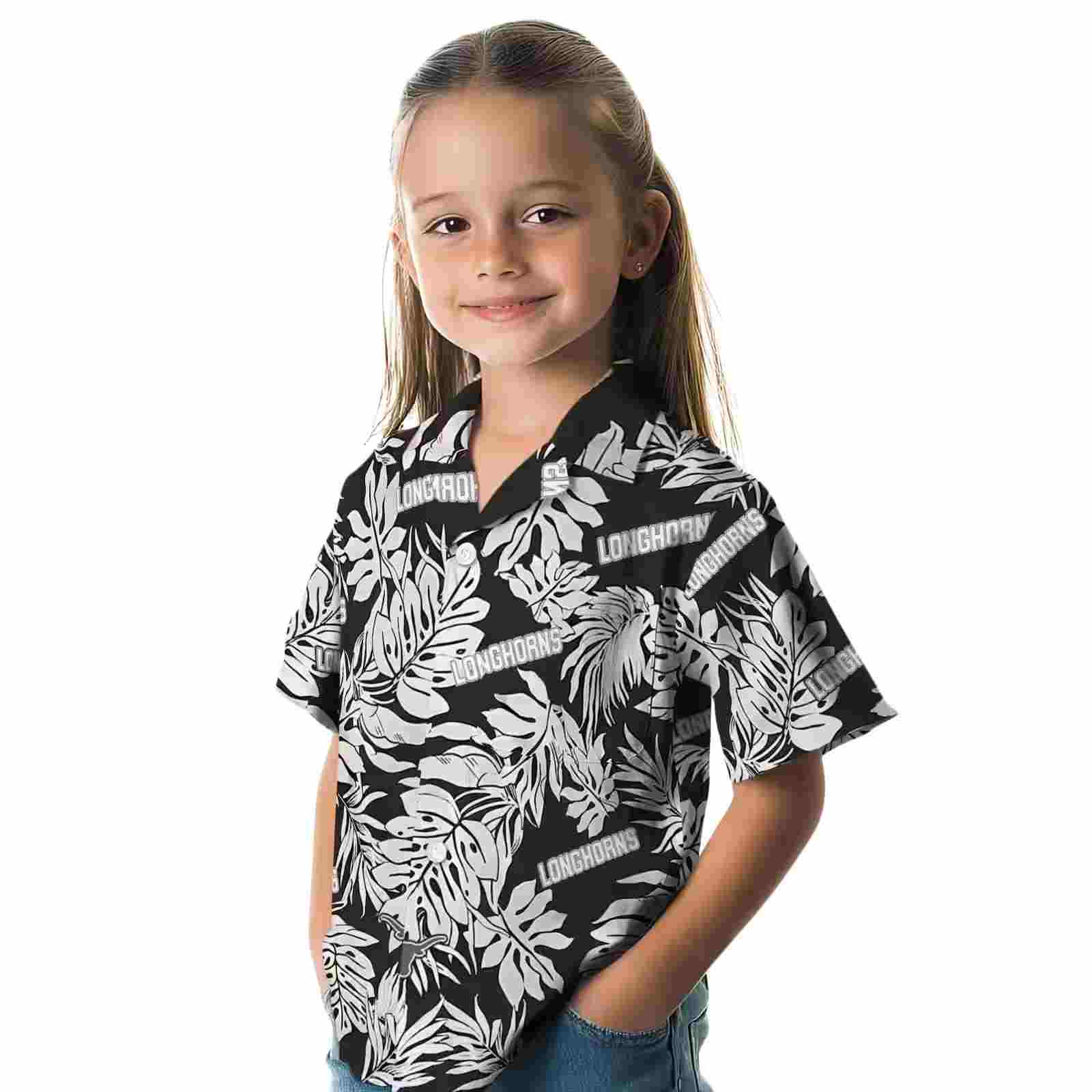 texas longhorns monstera leaf pattern black hawaiian shirt premium grade