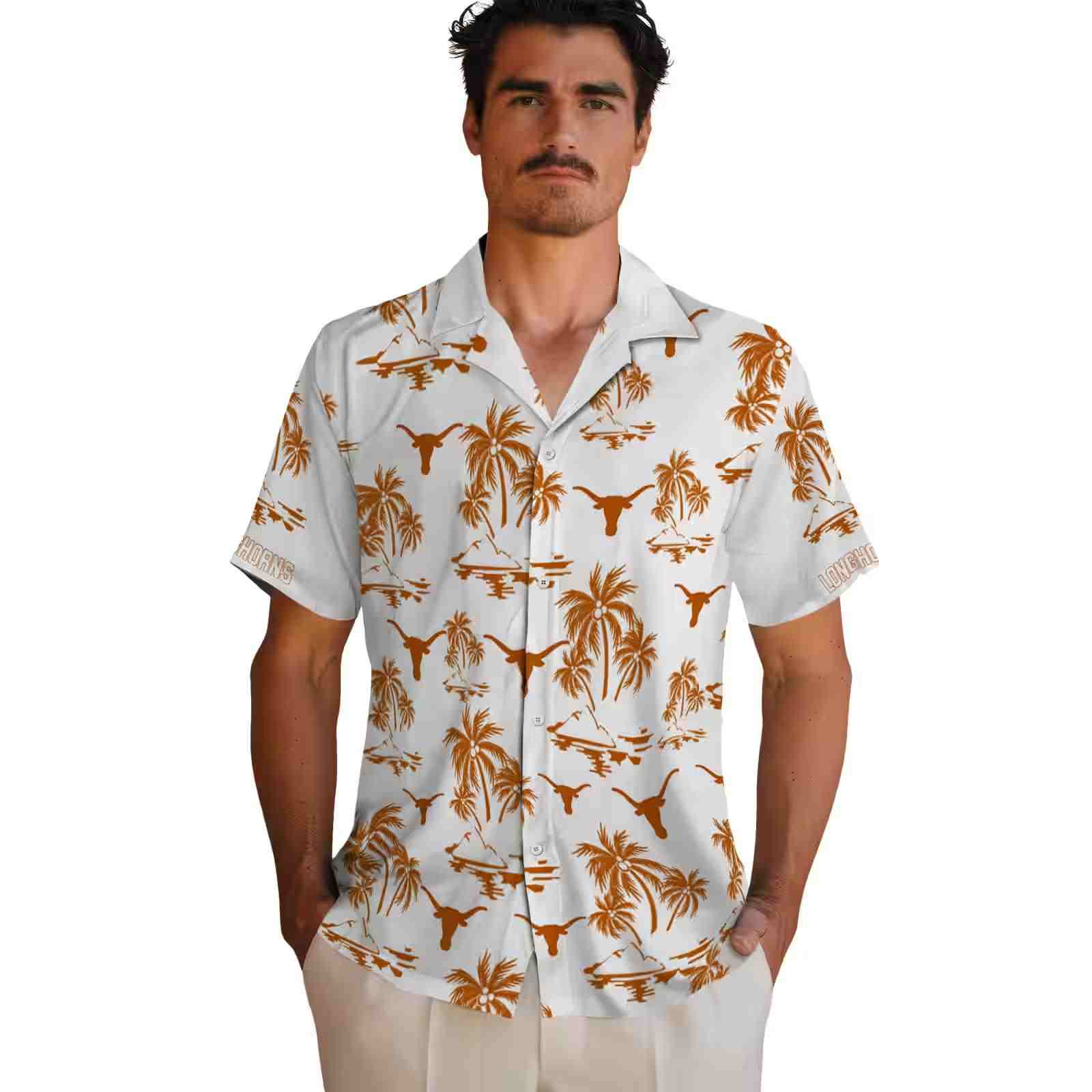 texas longhorns palm island print orange white hawaiian shirt fashion forward