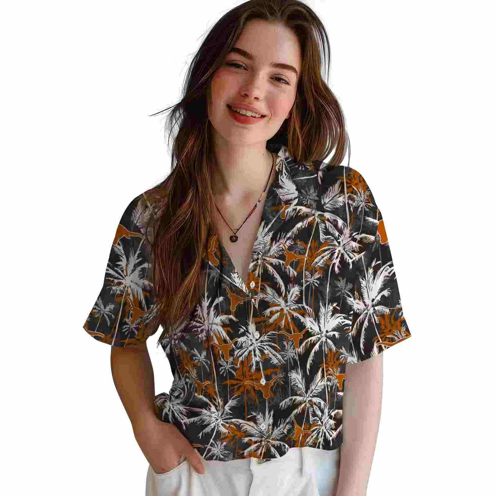 texas longhorns palm pattern orange black hawaiian shirt latest model