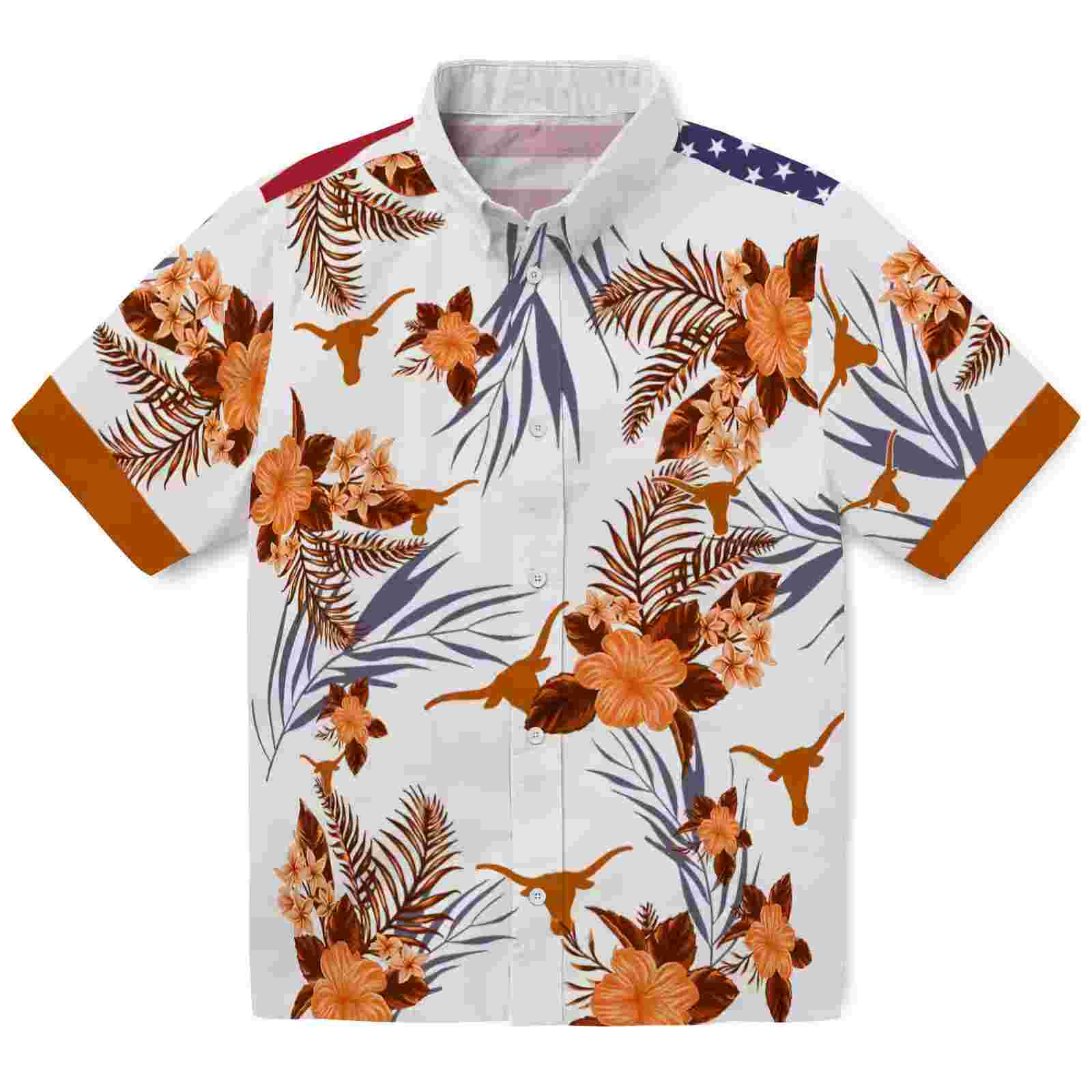 Texas Longhorns Patriotic Hibiscus Design Orange White Hawaiian Shirt