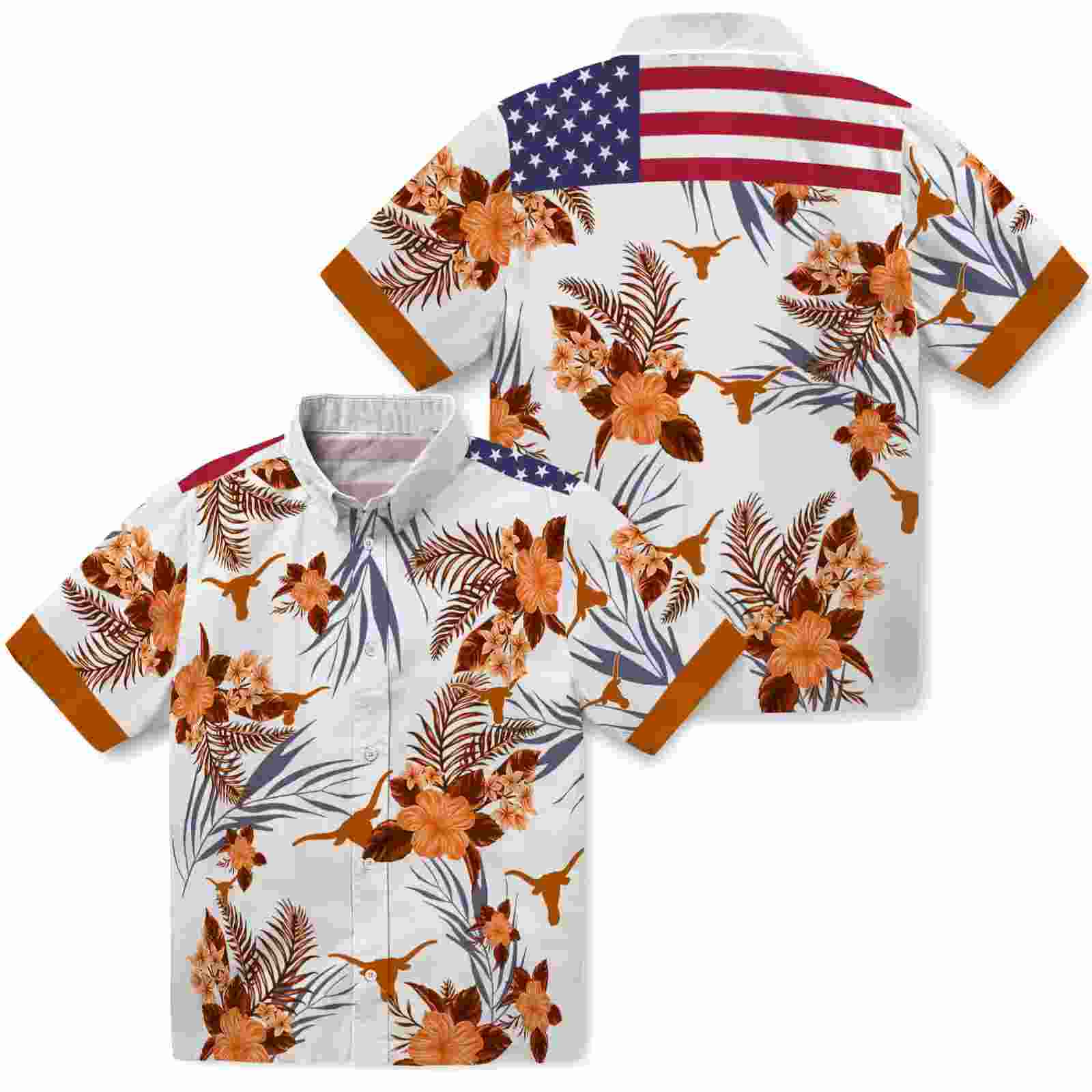 texas longhorns patriotic hibiscus design orange white hawaiian shirt high quality