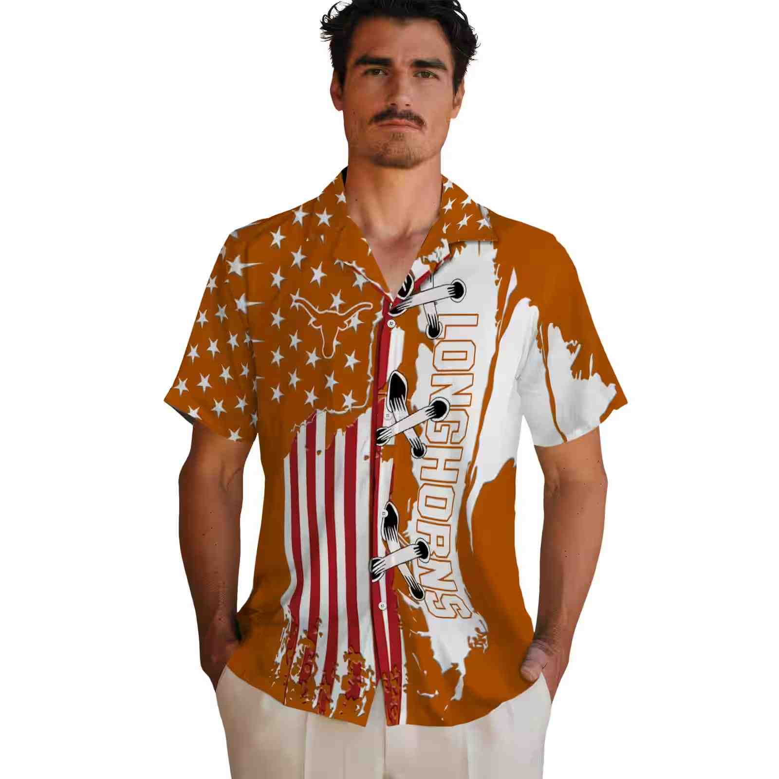 texas longhorns stitched flag orange hawaiian shirt fashion forward