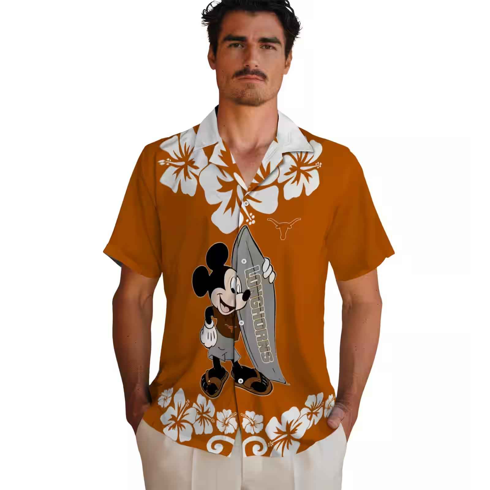 texas longhorns surfing mickey orange hawaiian shirt fashion forward